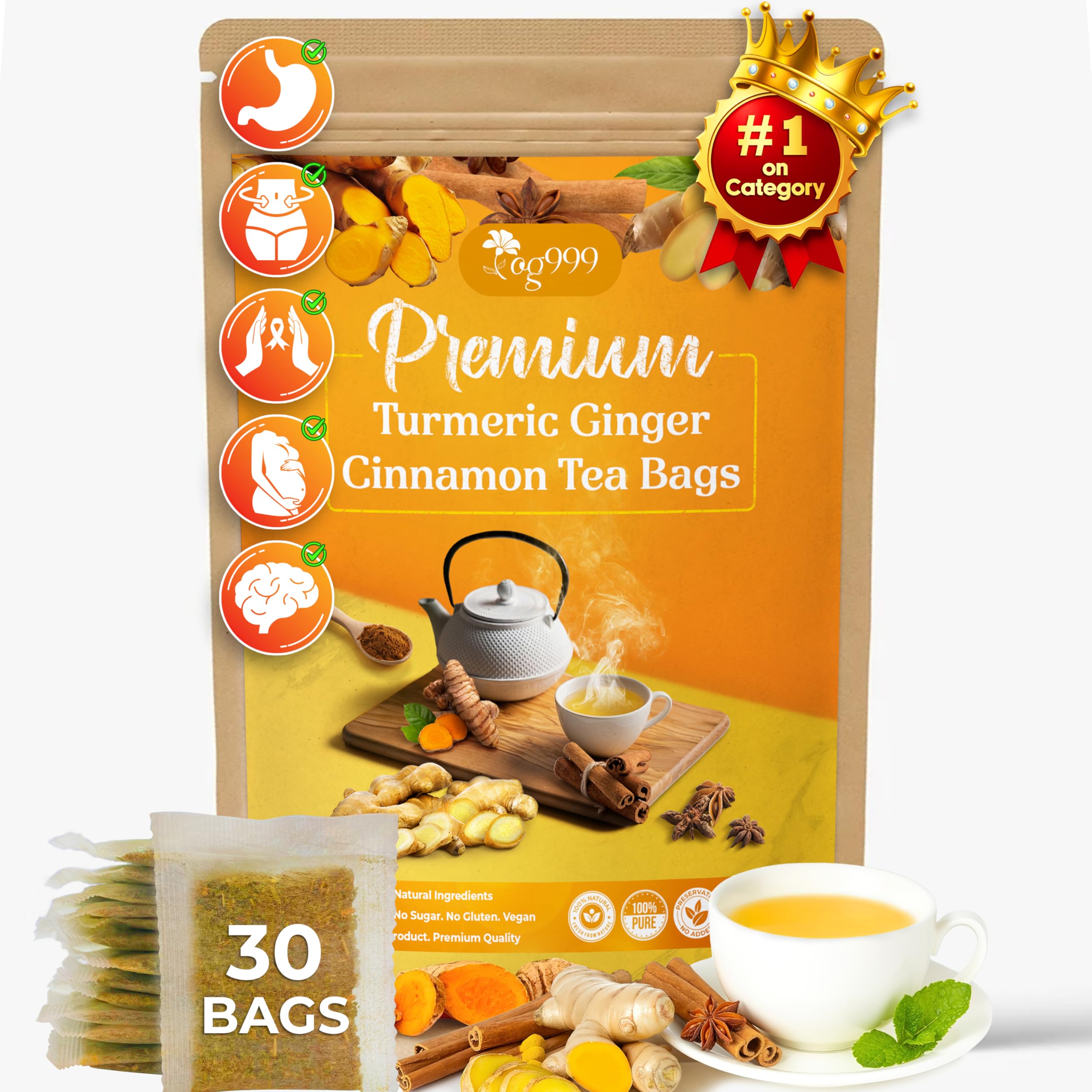 TOG999, 30 Bags Premium Turmeric Ginger Cinnamon Tea, Improve Digestion, Support Brain, Weight, Skin and Sleep, Eco-Conscious Tea Bags and Premium Natural Ingredients. Turmeric Ginger Herbal Tea. No Sugar, No Caffeine, No Gluten, Vegan.