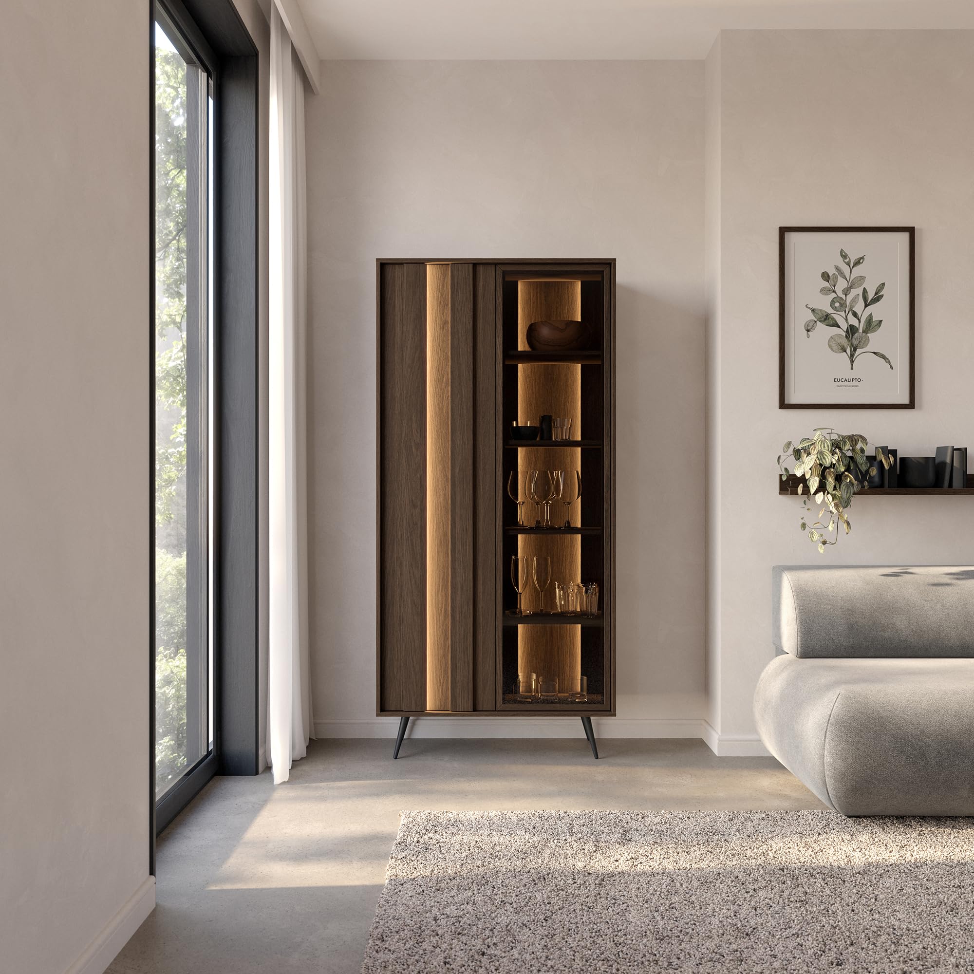 Dmora Vitrina Turkoglu 94 x 40 x 196 (alt) cm, marrón nogal, 8 estantes, 2 puertas, mueble expositor con LED
