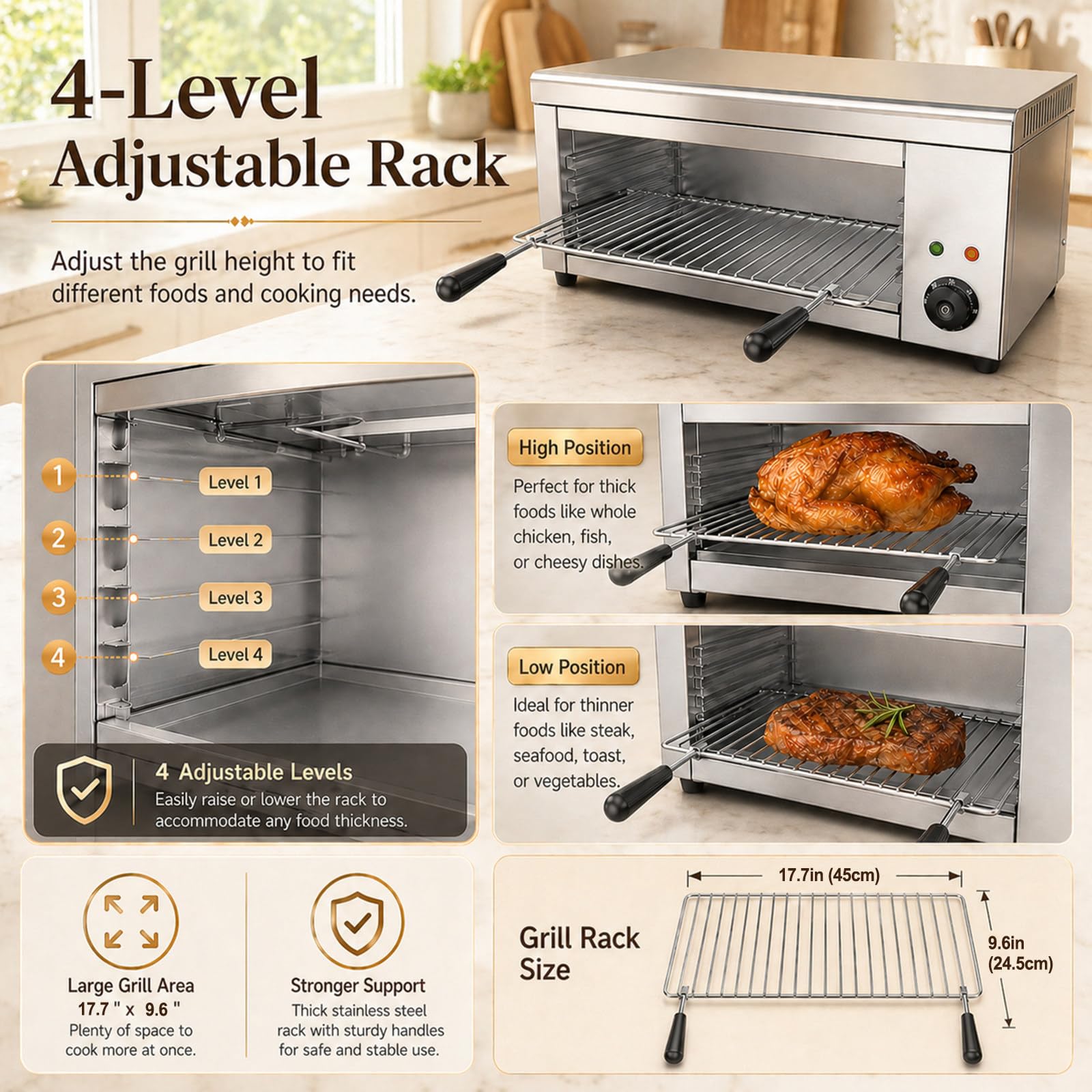 2000W Salamandra Electrica- derretidor de Queso salamandra eléctrico de 122-572 ℉ con 4 Alturas, Grill salamandra de Acero Inoxidable para Cocina Comercial, sándwiches y Asar filetes