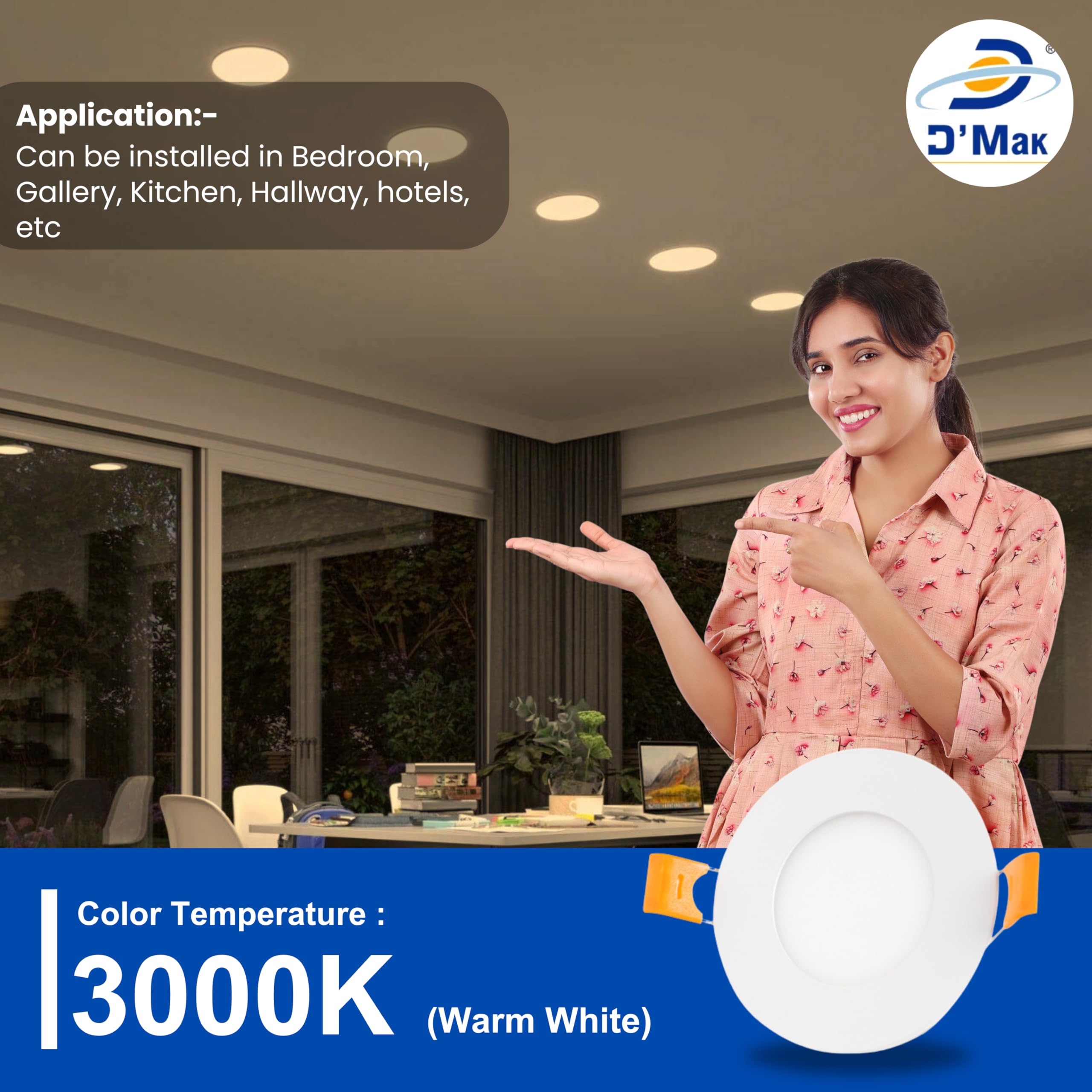 D'Mak 8 Watts LED Round False Ceiling Recessed Panel Light for POP (Warm White/Yellow,Aluminium). 4
