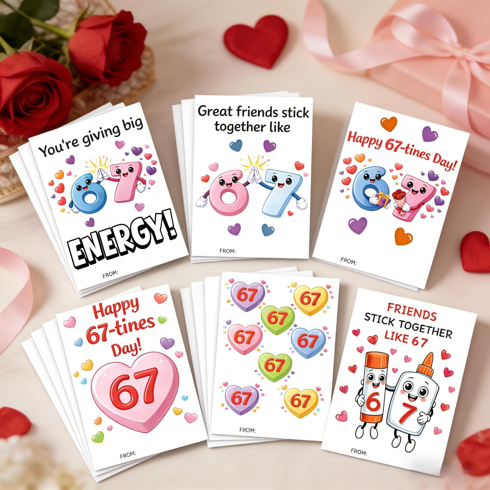 Valentine's Day Cards for Kids, 24 Pack, 6 Different Designs, Number 67 Theme, Classroom Exchange Cards, 5x3.5 inch