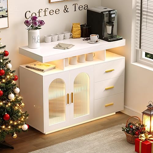 Modern Sideboard Buffet Cabinet with Storage with Shelfs and Doors, Auto-Sensor 20 Color Lights Console Table with Charging Station, RGB Coffee Bar Station for Dinning Room(White) - 9217white