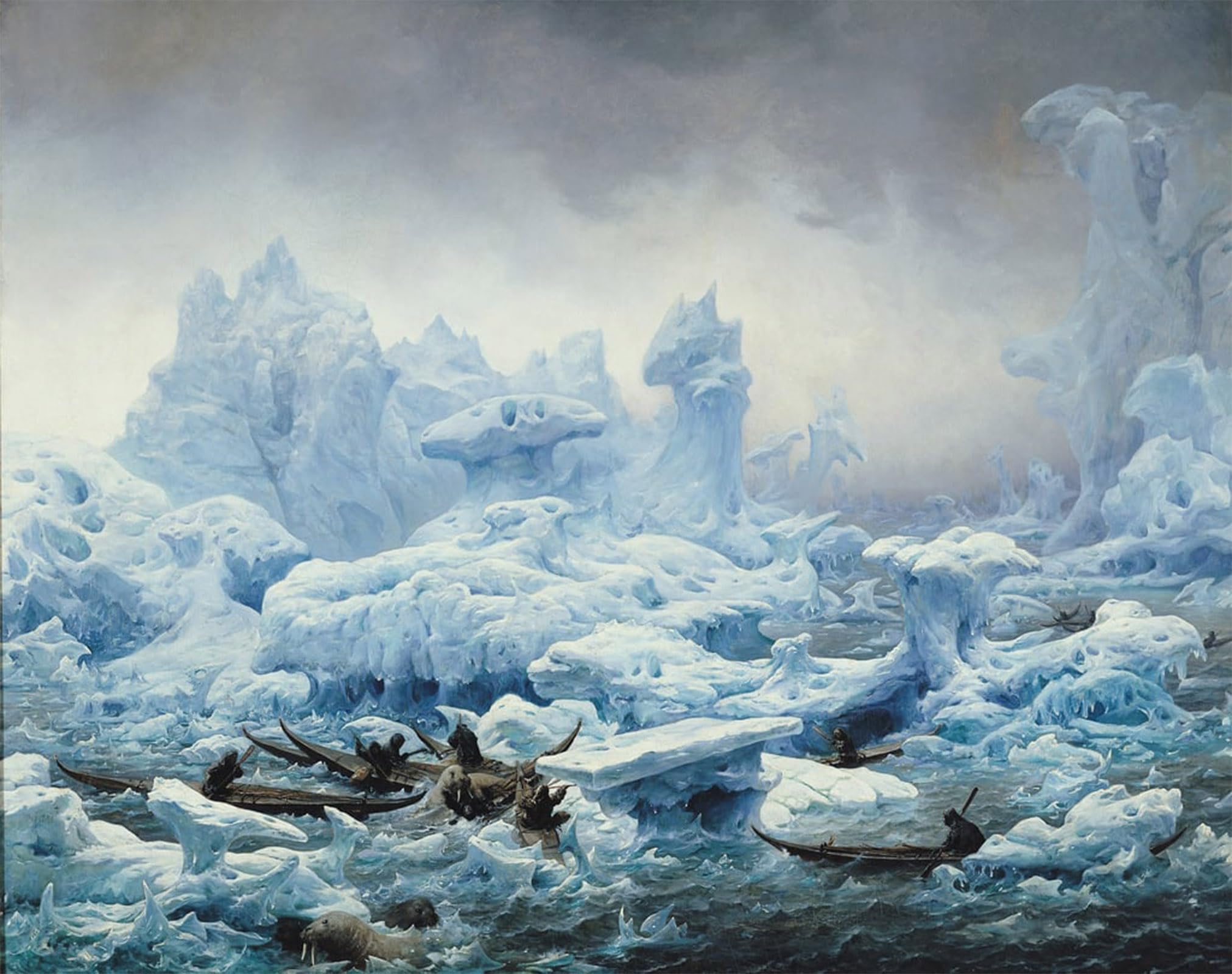 ARTXLXXBN Famous Painting Art Wall Decor Abstract Art Picture Fishing for Walrus in the Arctic Ocean by François Auguste Biard Animal Pictures for Home Decor 60x90cm