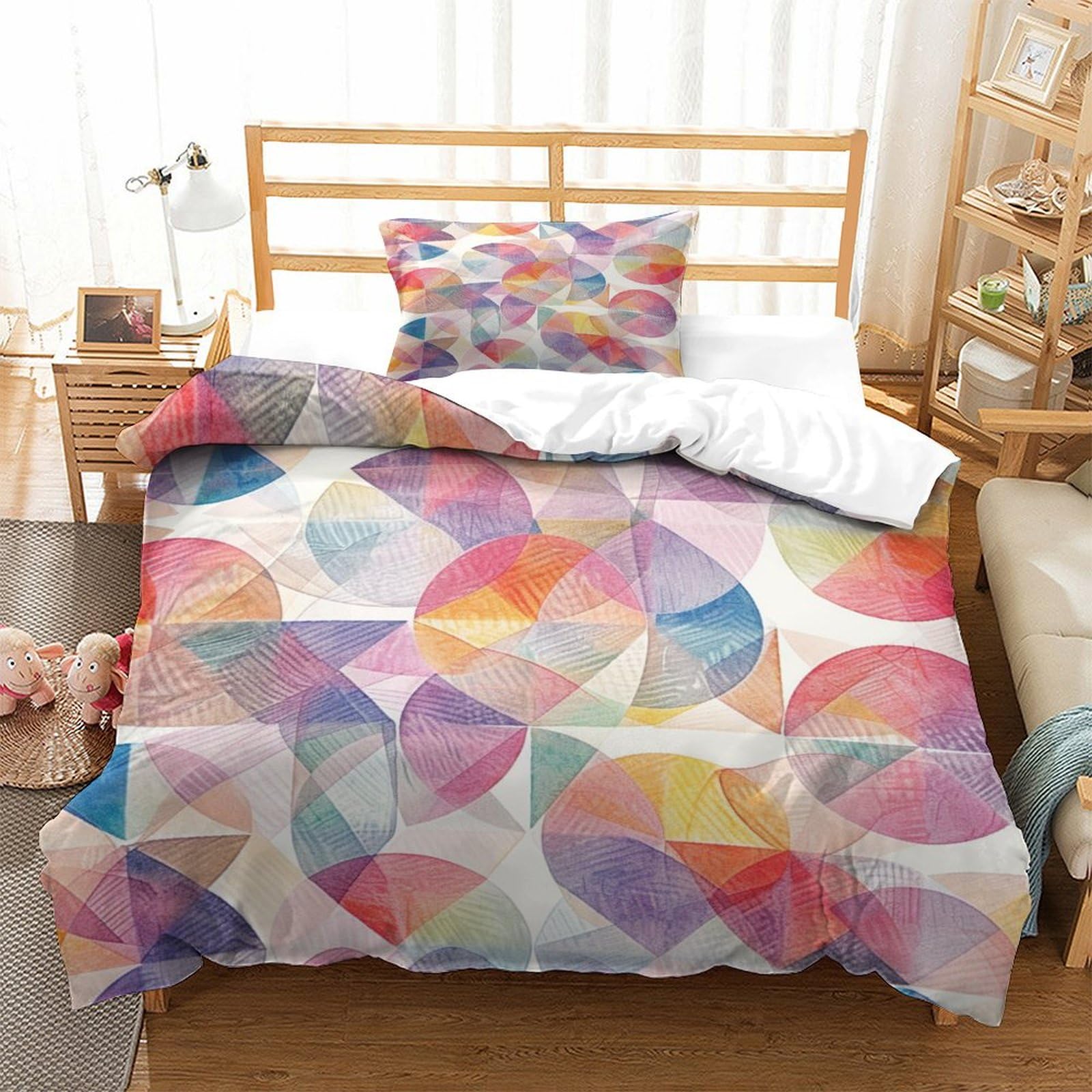 P1S9U7W5Y 3D Printed Colorful Geometric Circles Duvet Cover Set 3pcs Microfiber Geometric Bedding Set Single（135x200cm）