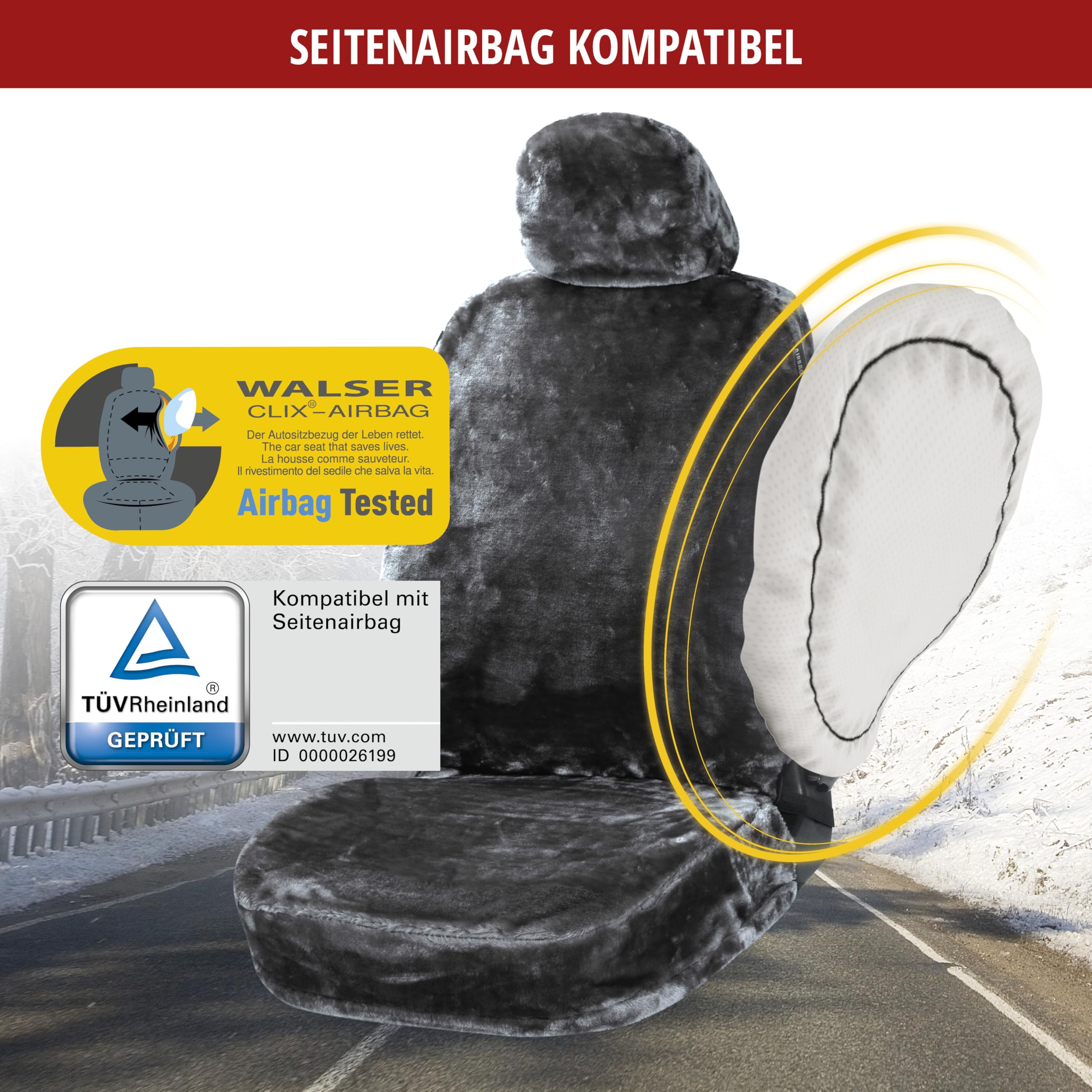 Walser Autositzbezug Teddy, Sitzbezug Kunstfell, Auto-Schonbezug in Lammfell-Optik, Flauschiger Plüsch-Schonbezug vegan anthrazit