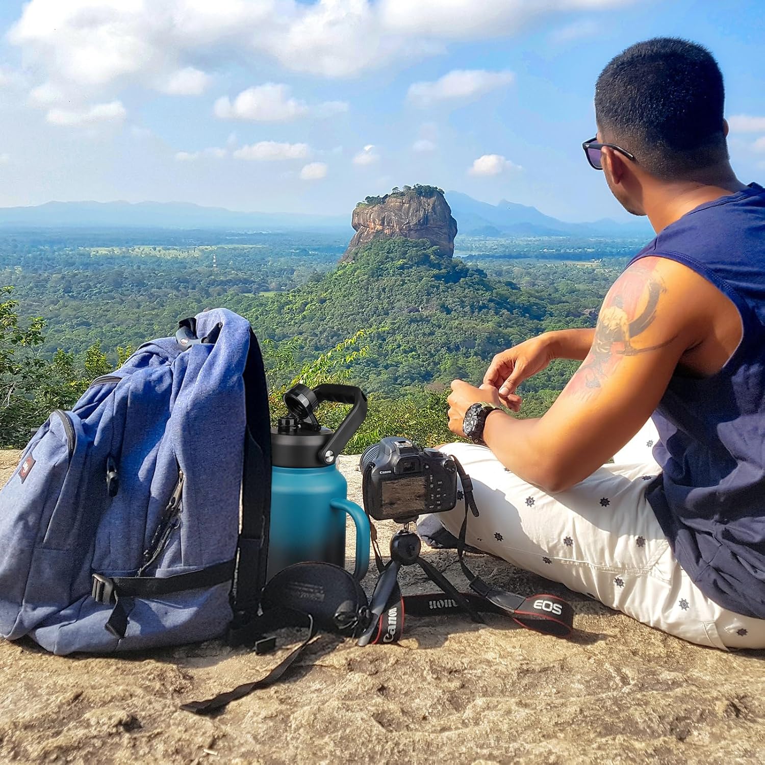 BJPKPK 64oz Insulated Water Bottle with Handle, Large Dishwasher Safe Half Gallon Water Bottle, BPA Free Water Jug, Wide Mouth Metal Flasks with Anti-slip Bottom, Keep Cold & Hot, Blue & Black - Image 6