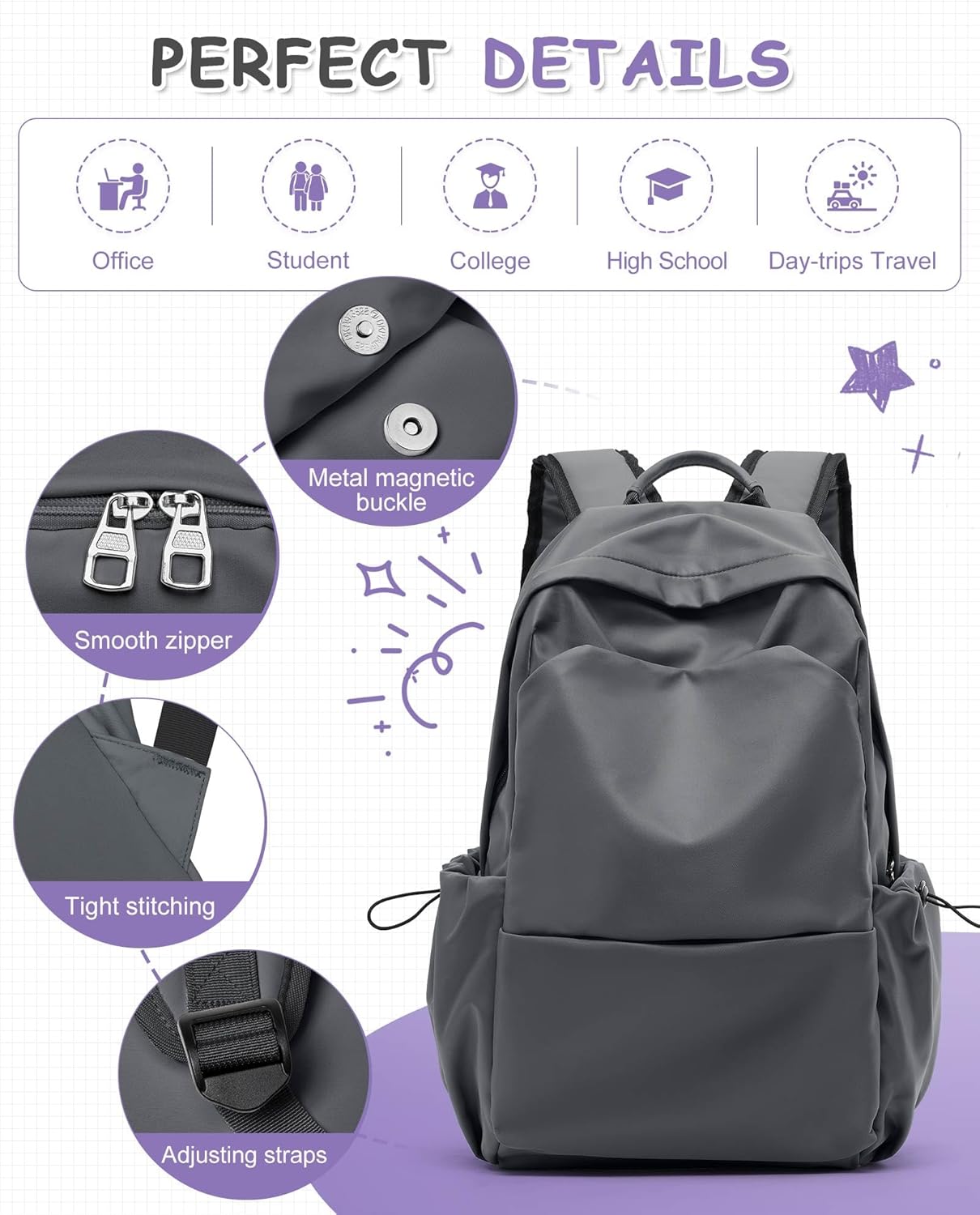 School Backpack for Teens Middle High School Backpack Large Bookbag Gray Book Bag for Girls Boys Teenagers Mochila Escolar para Ni��os Adolescentes - Image 6