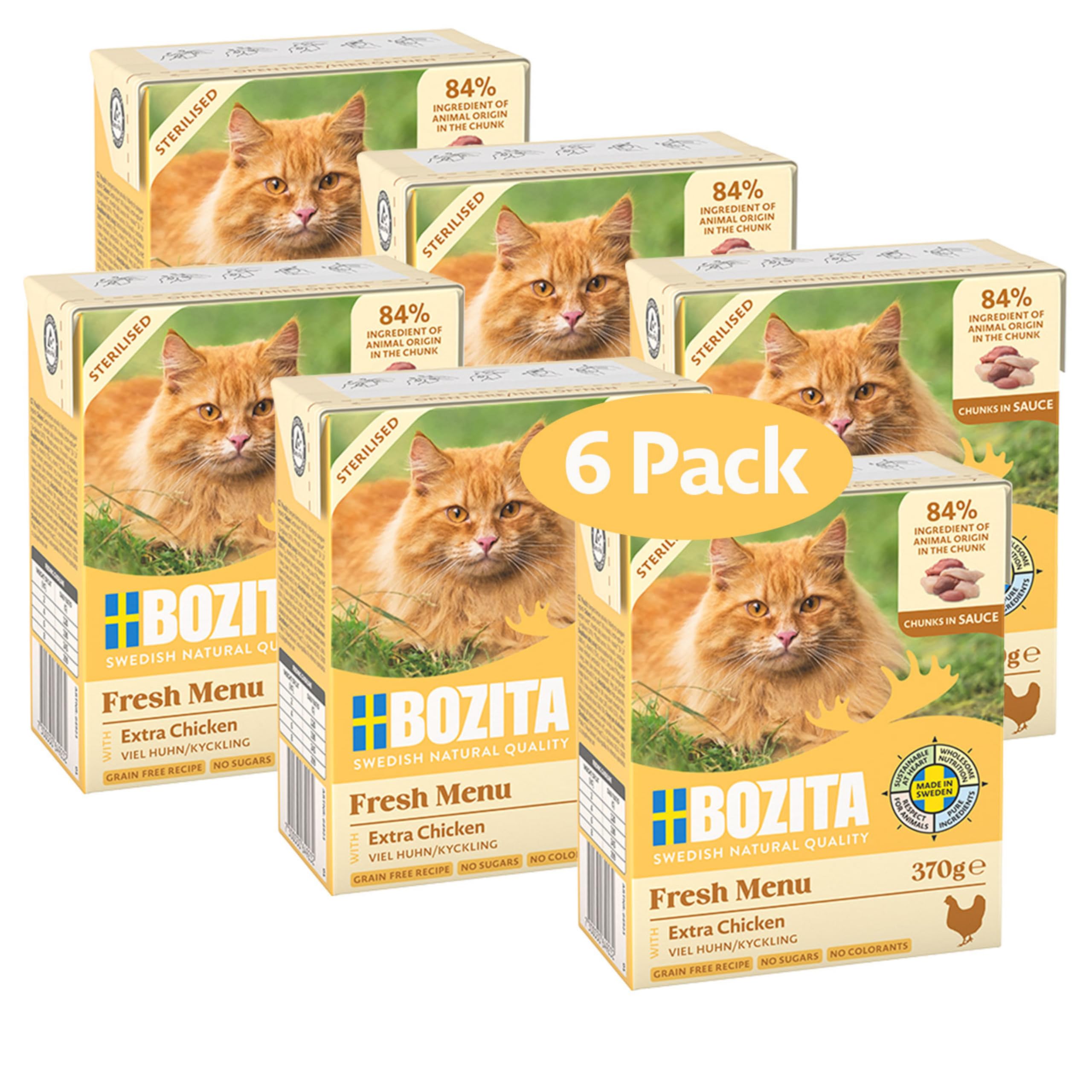 Bozita Sterylised przekąski na mokrą karmę w sosie z dużą ilością kurczaka – opakowanie 6 sztuk, 370 g, smaczna karma dla kotów bez zbóż i cukru – karma dla kociąt z 8,5% białka i 4,5% zawartości
