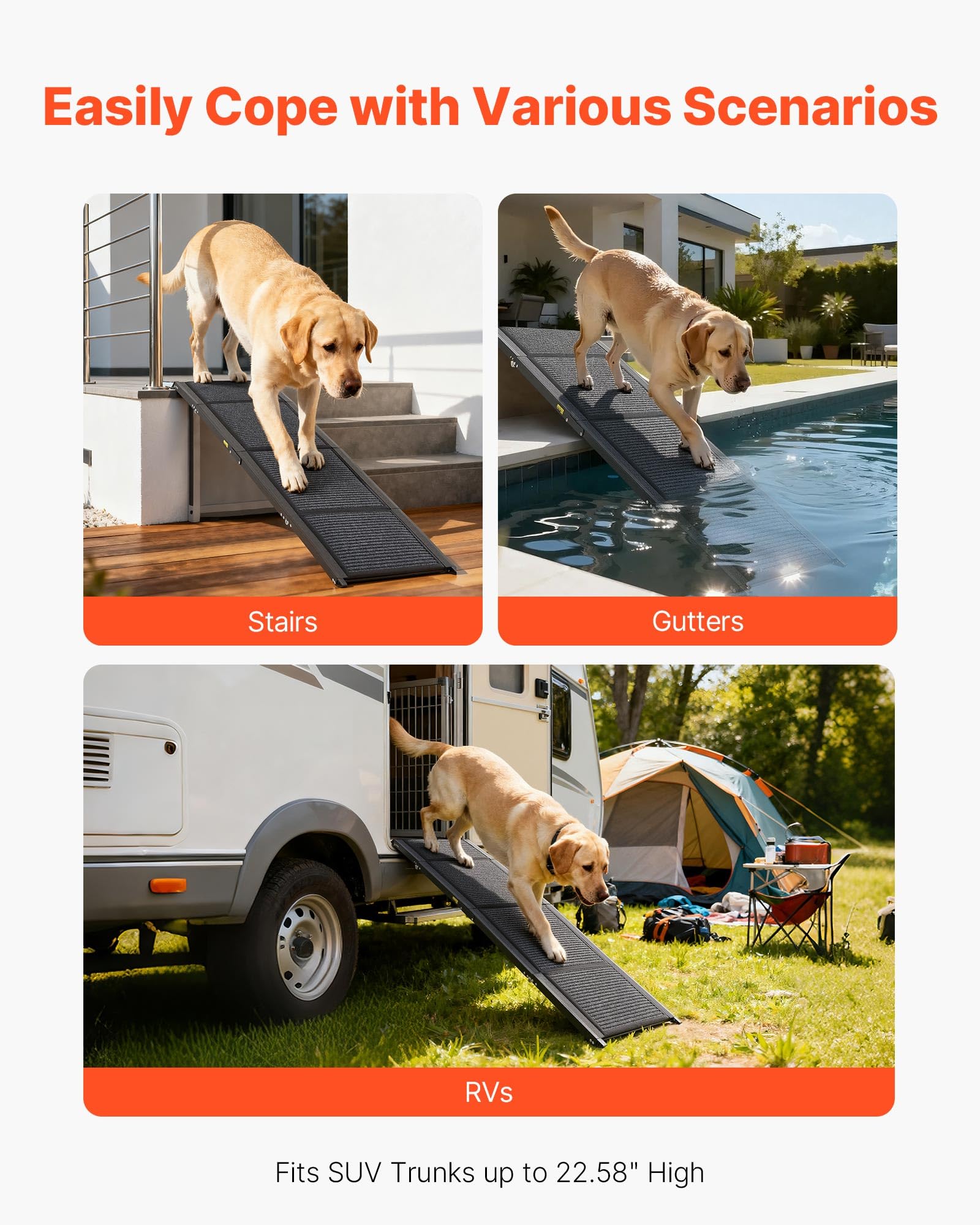 VEVOR Rampa para Perros para Coche, 160 x 43,2 cm, Plegable, para Perros Medianos y Grandes de hasta 113 kg, con Superficie de Fieltro Antideslizante, Portátil, para Exteriores, SUV y Camiones