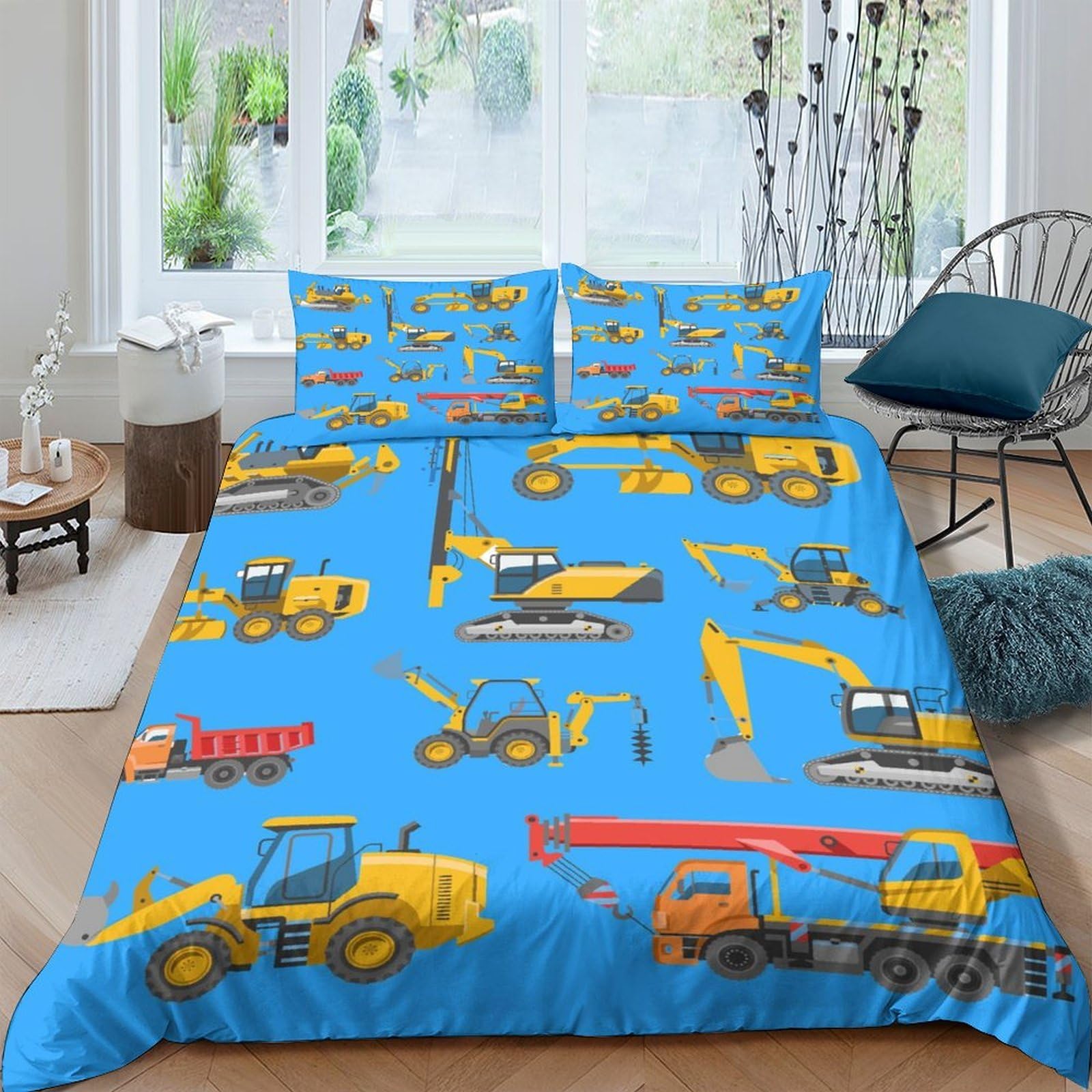 Ctjqhvkz Style-9 3D Printed Construction Vehicles Fitted Sheet Microfiber Anti-Slip Trucks Bed Cover For Bedroom Guest Room Easy Care Single（135X200cm）