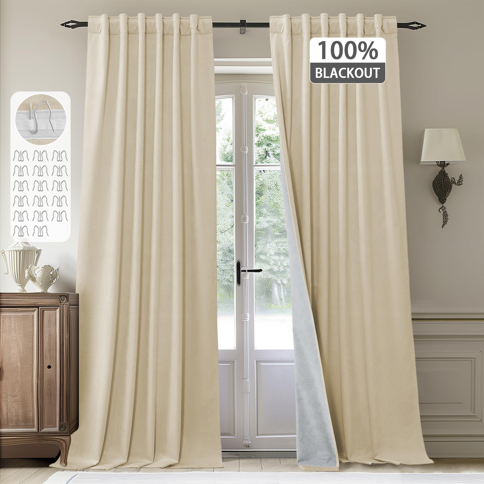 StangH 100% Blackout Beige Curtains Soft Thick Velvet Nursery Bedroom Window Curtains White Liner Thermal Insulated Drapes Hook Belt for Track System