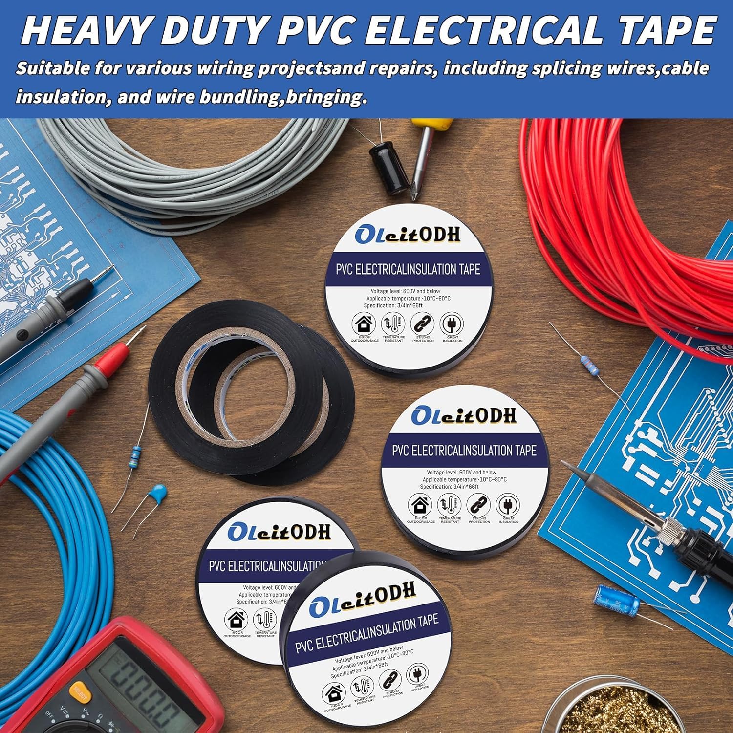 Oleitodh 6 Rolls Black Electrical Tape Bulk 2 Inch x 66ft, Waterproof Vinyl Electric Tape High Temp Insulation Tape for Electrical Protection Home Outdoor Electric Insulating Wire Wrapping
