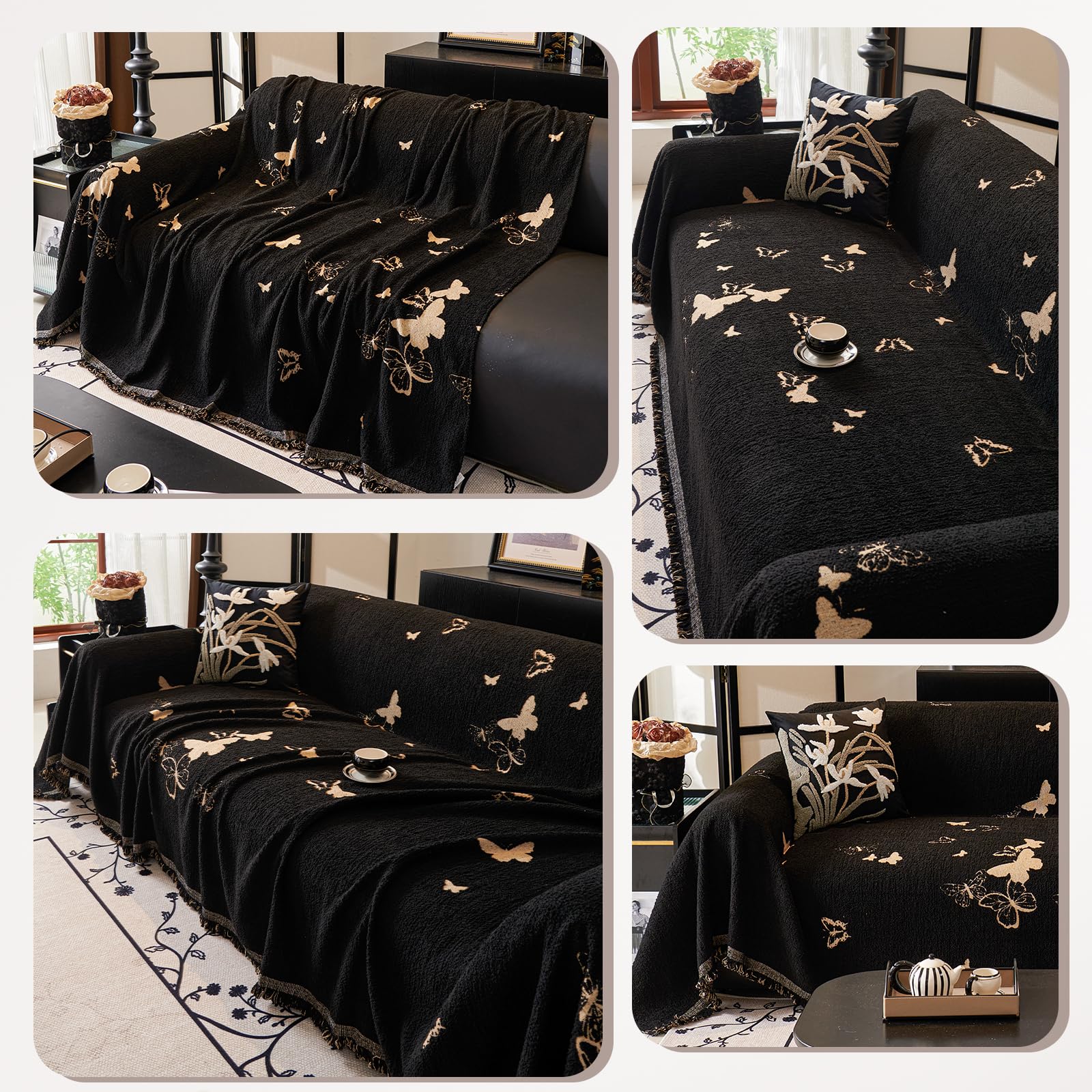 Jarapas para Sofas Suave Confort Manta Sofá Manta Decorativa Sofá Dormitorio Salón Cuatro Estaciones Tejido Borla Tela Cubre Sofa Colcha Multiusos para Sofá 180 * 260cm-Negro