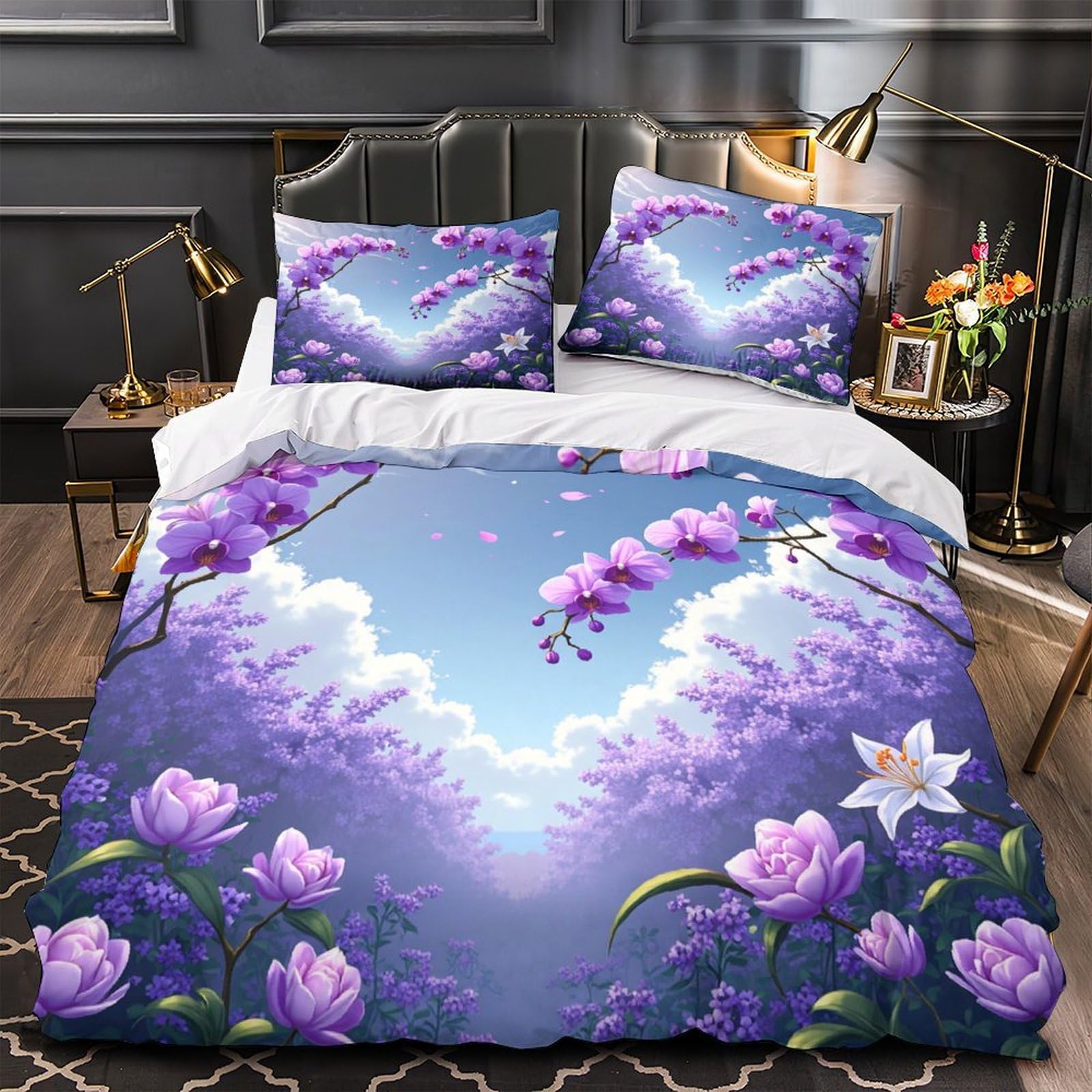 QTIVARLEN 3D Print 3-Piece Bedding Set Home Decor Zipper Super Purple Orchids Duvet Cover Hypoallergenic Wrinkle-Resistant for Children,Teenagers,Boys Floral Garden Comforter Cover Double（200x200cm）