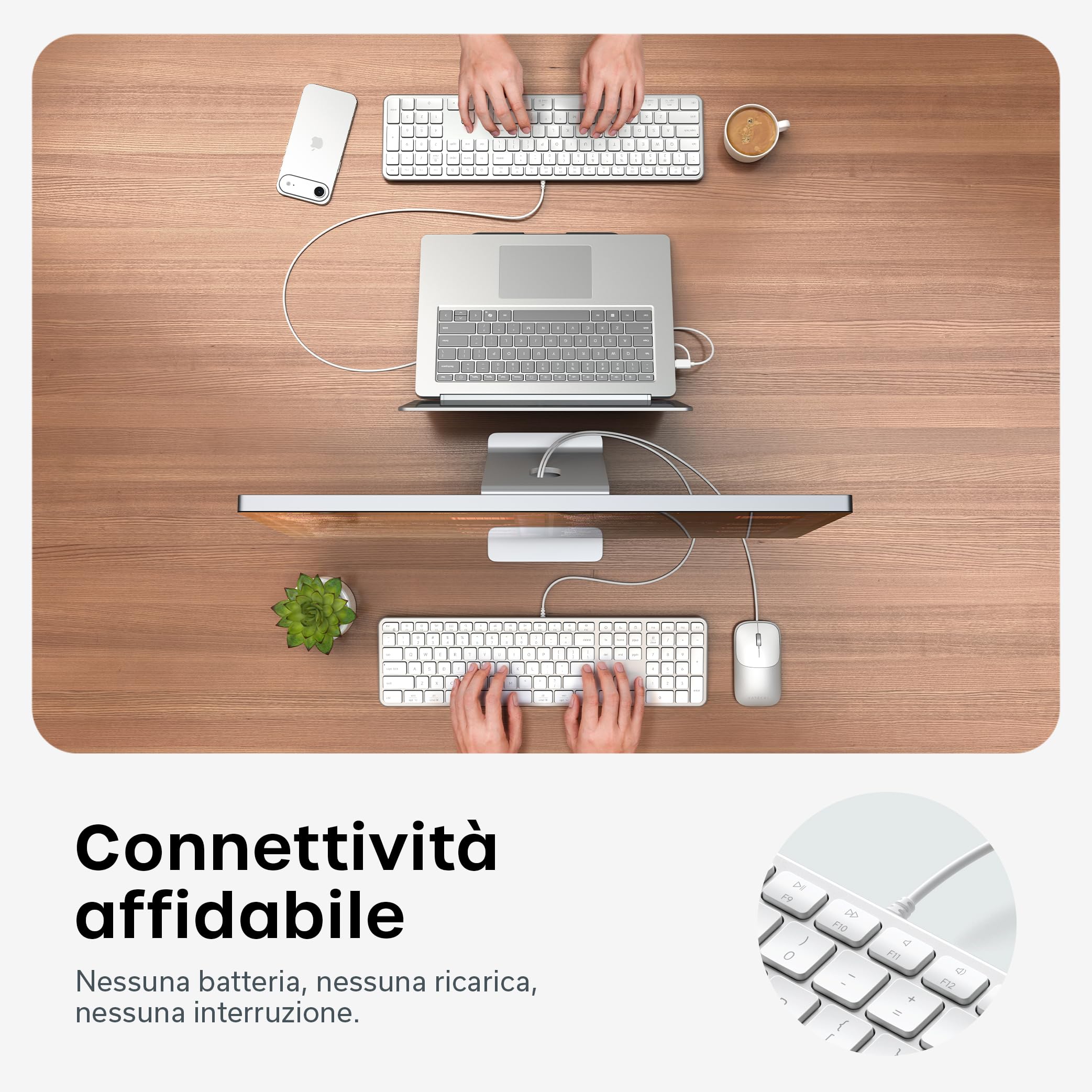 Satechi Tastiera con Cavo Slim LX3 𝗤𝗪𝗘𝗥𝗧𝗬 𝗨𝗦, Formato Completo con Tastierino Numerico, USB-C, Tasto per Cambio Sistema Operativo, per Mac, Windows e Android – Argento