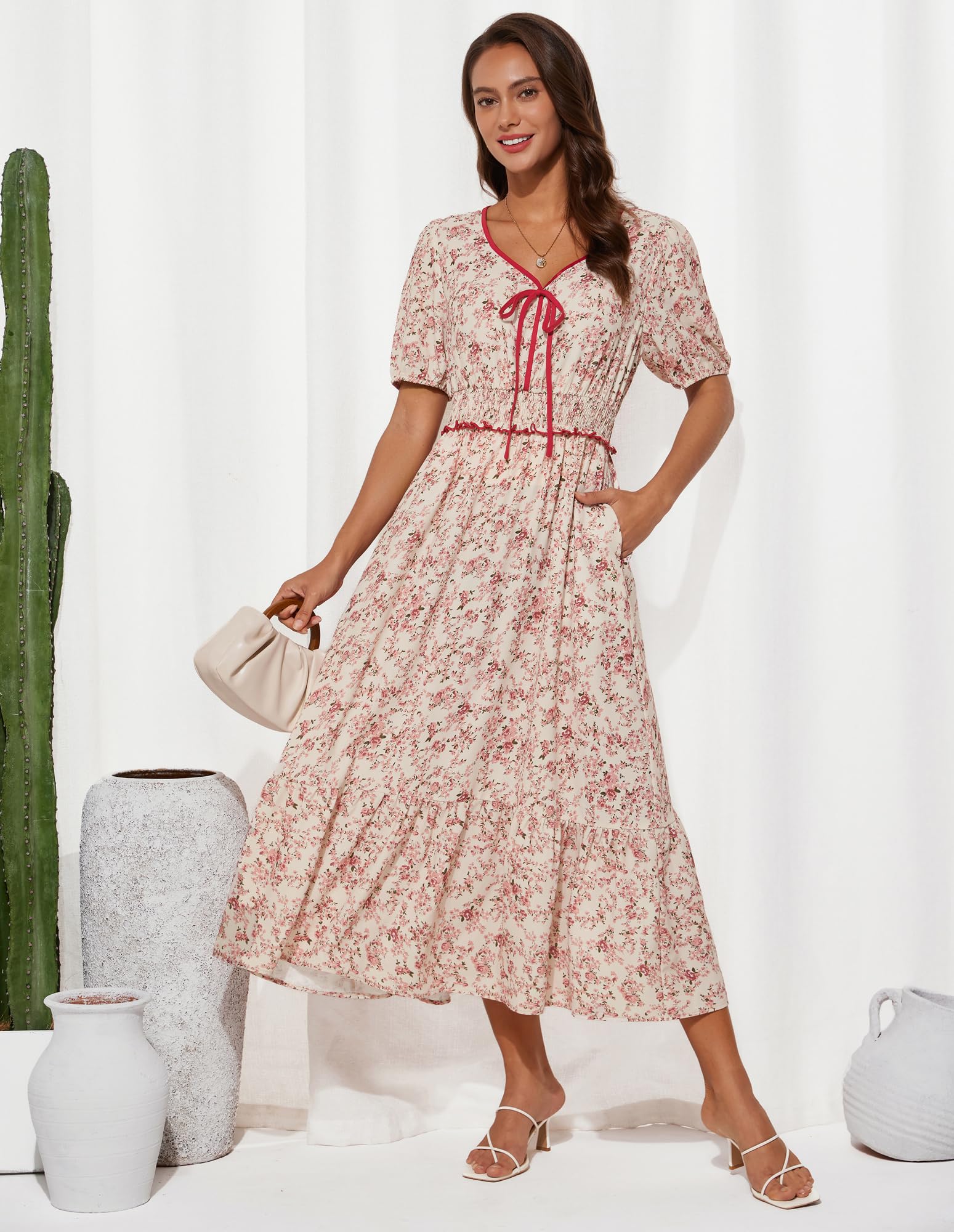 GRACE KARIN Damen Elegant Midi Blumenkleid Kurzarm V-Ausschnitt Elastischer Taille Sommerkleid