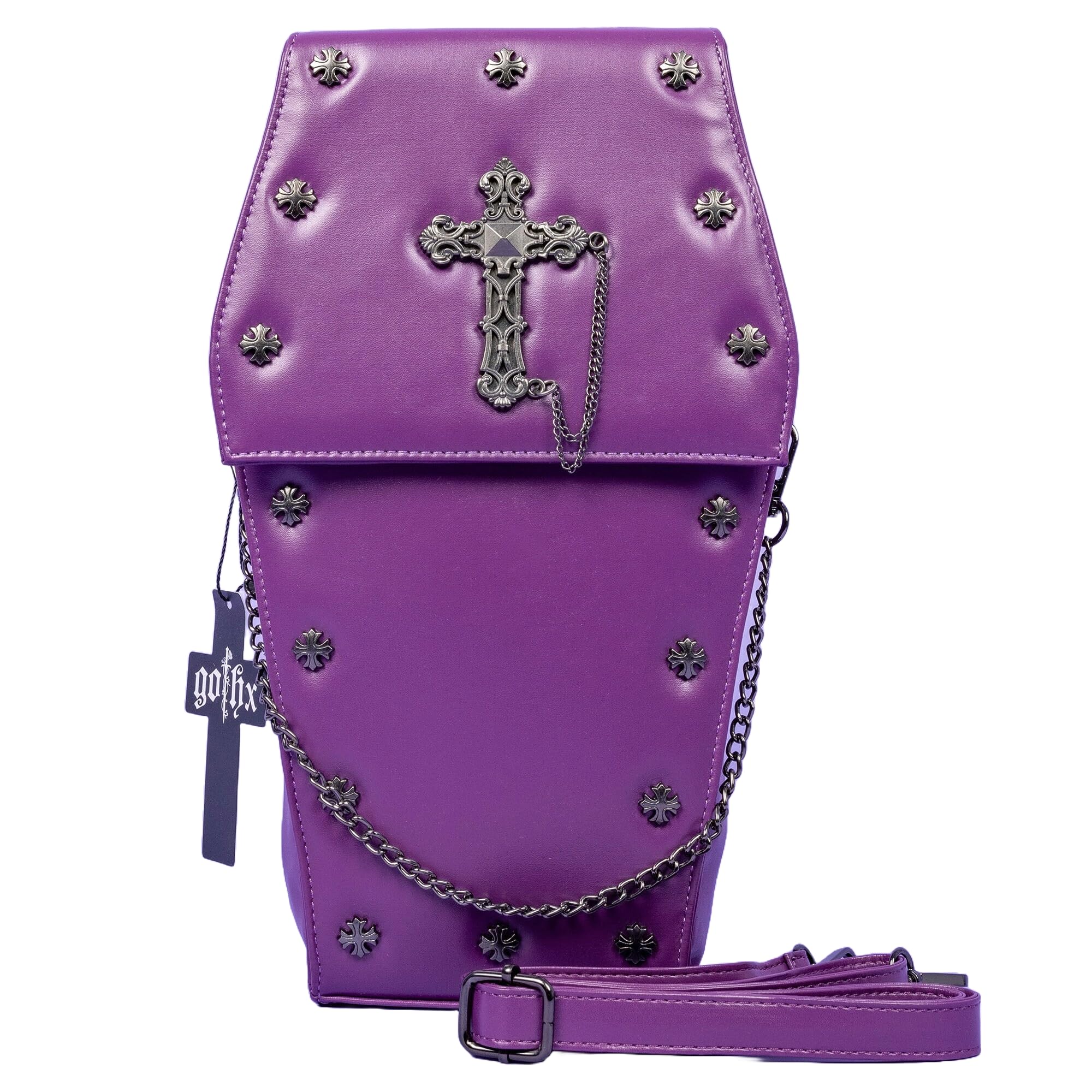 GOTHX Purple Coffin Metal Silver Cross | Steam Punk Rock Goth Gothic Backpack Cross Body Handbag | PU Vegan Leather Bag