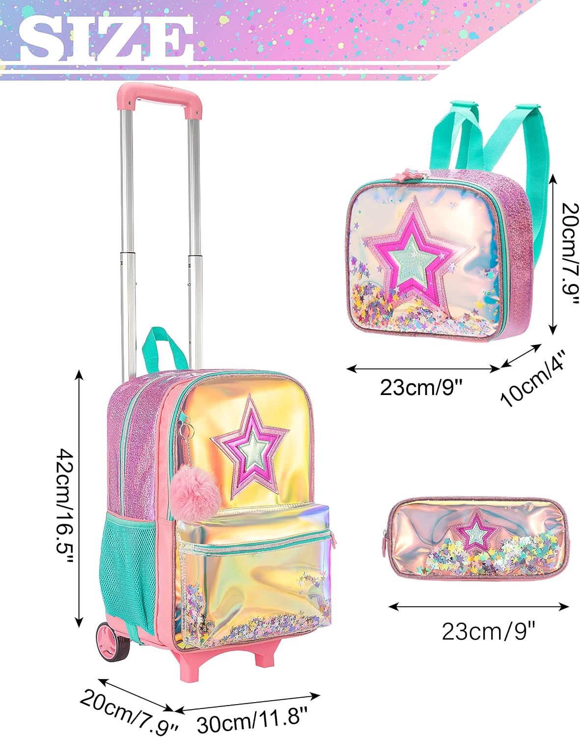 HTgroce Rolling Backpack for Girls with Lunch Bag 17 inch Unicorn Wheeled Backpack rolling backpack for kids.