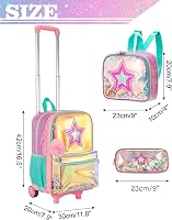 HTgroce Sac a Dos Roulette Fille 16 inch Cartable a Roulette Fille Maternelle 3 in 1 Sac à Lunch et étui à Crayons Inclus, Parfaits pour Les Enfants Qui Vont à l'école