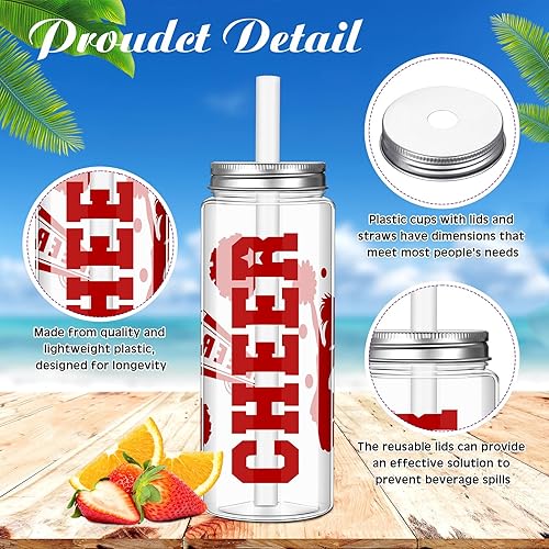 Miniatura 3 de Vasos de plástico con diseño de animadora de 14 onzas, con tapa y pajilla, para animadora, regalo de fiesta deportiva (rojo, 12 unidades)
