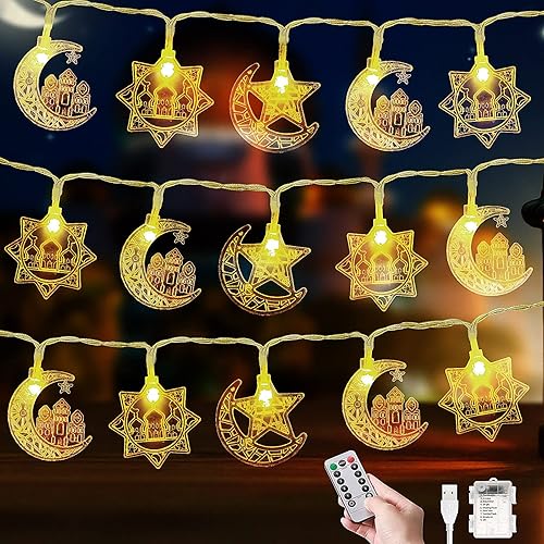 40 LEDs 20 ft Ramadan Eid String Lights Muslim Decorative Lights Mubarak Islam Fairy Lights Star Moon Castle Lantern String Lights with Remote USB