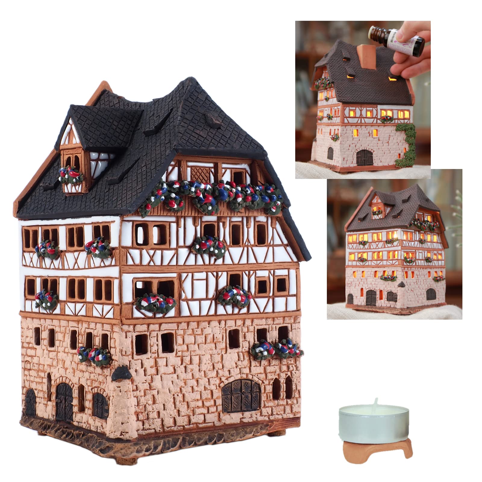 Midene Ceramic Aroma Light House, Tea Light Holder, Handmade, Artistic Replica Dürer Haus in Nuremberg, Germany, B263AR