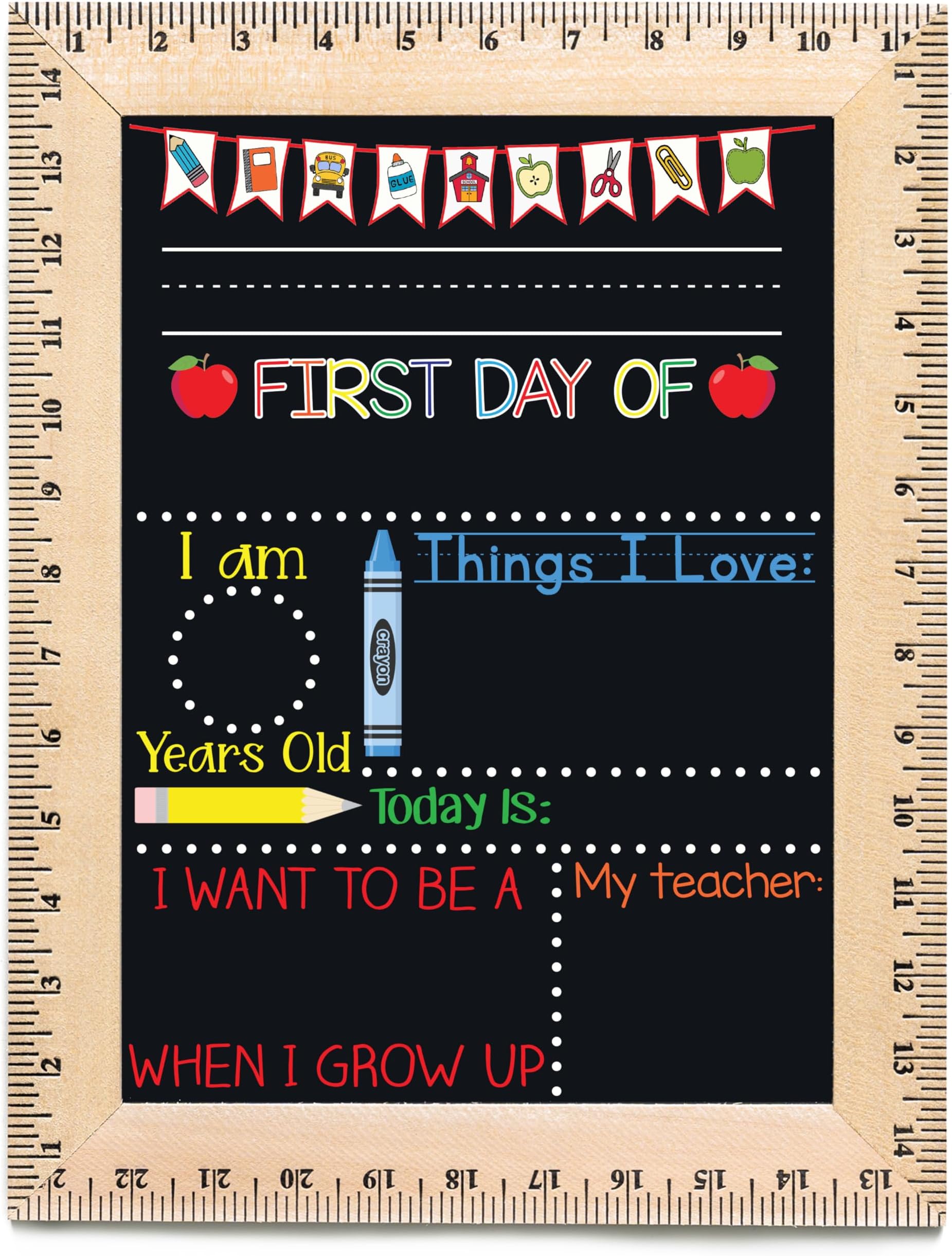 First Day of School Sign (11.5"x15"), Reusable Framed Chalkboard, Easy-to-Clean with Real Wooden Ruler Frame, Handmade in USA by Bloom Owl, Perfect for Back to School, First Day of Kindergarten Boy