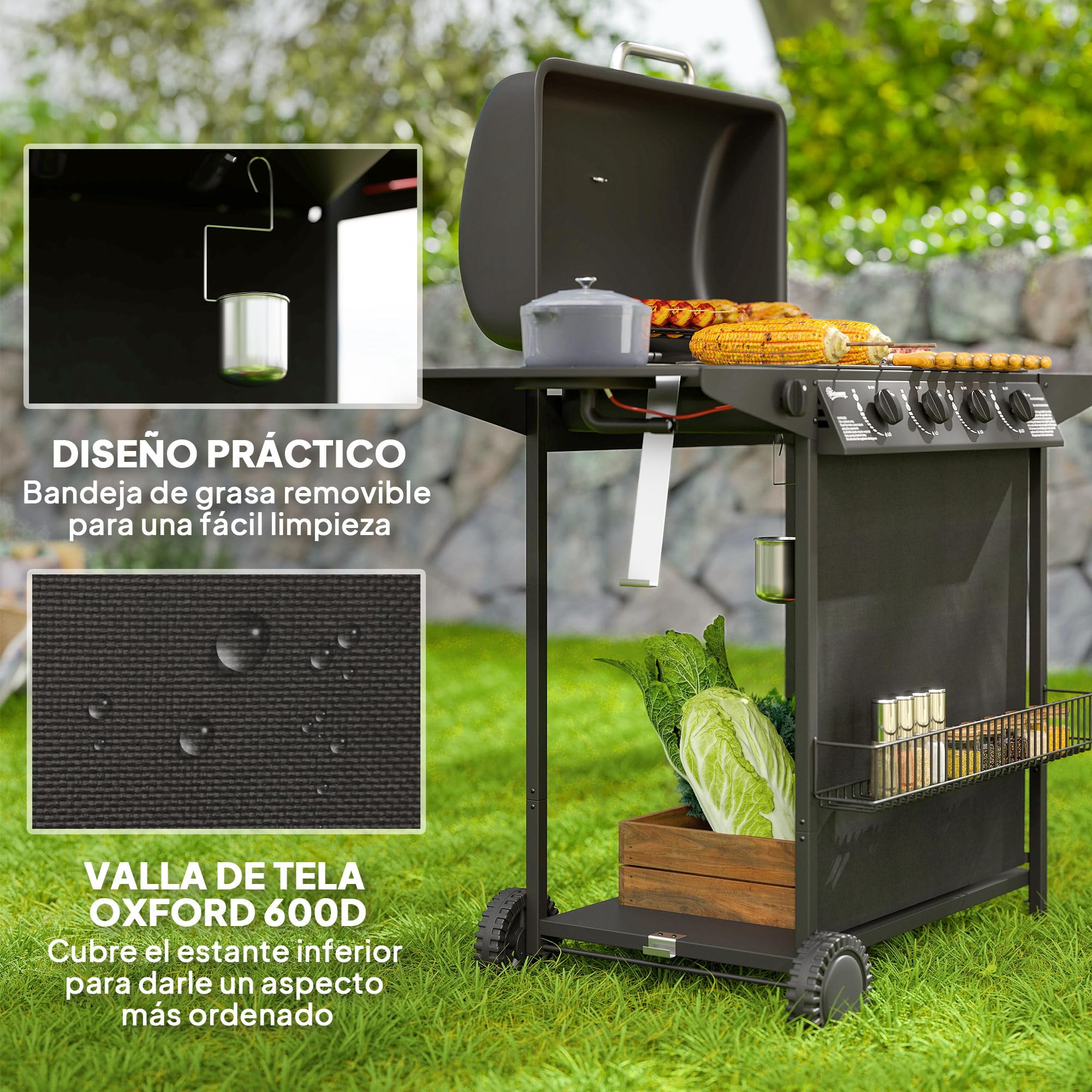 Outsunny Barbacoa de Gas BBQ Gas con 4+1 Quemadores 12 kW Barbacoa Portátil con Estante Especiero Termómetro Mesa Lateral 2 Ruedas Parrilla Recogedor de Grasa para Exterior Jardín Camping Negro