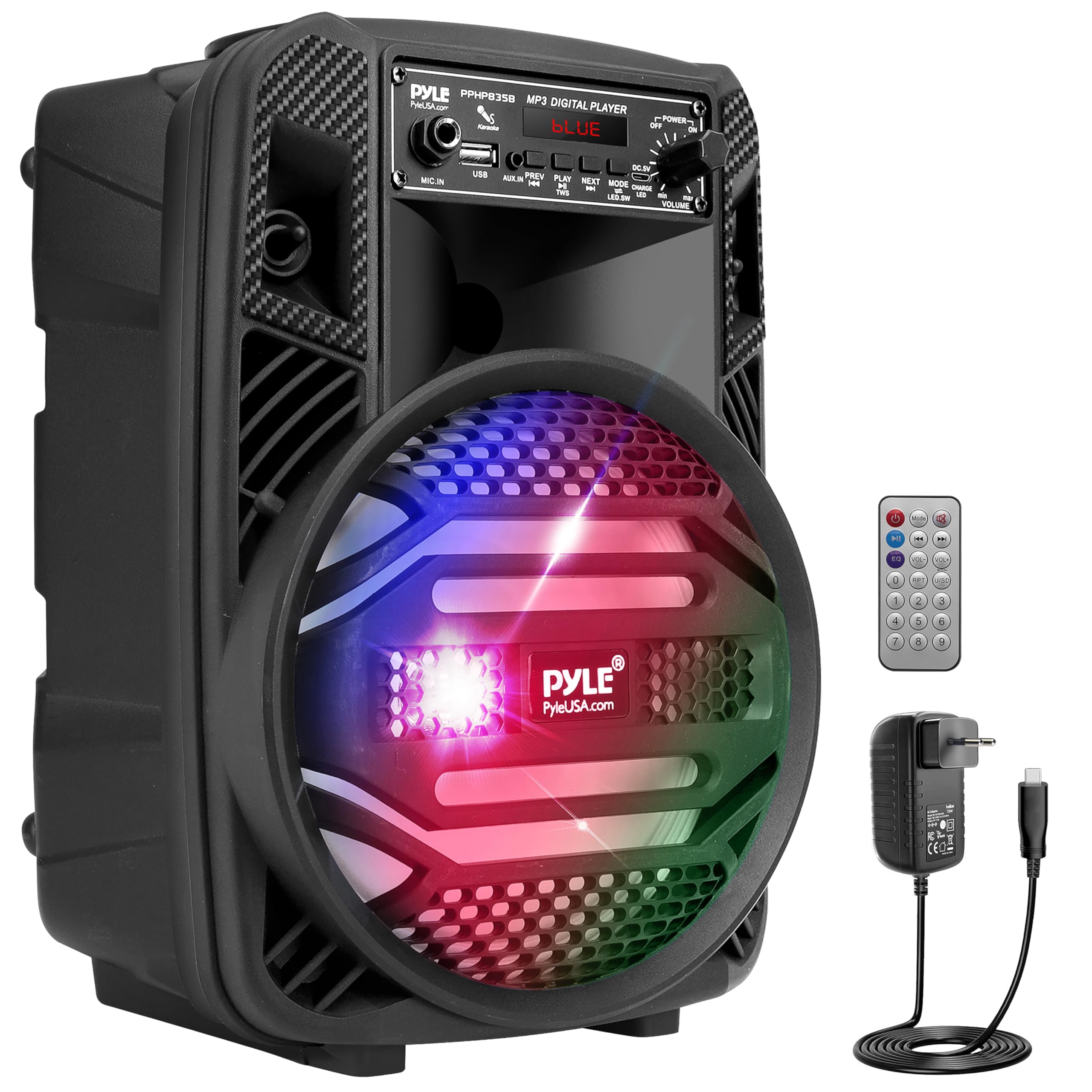 PYLE Sistema de Altavoces, PA, 300W, Bluetooth, portatil, Recargable, Exteriores, subwoofer de 8”, Tweeter de 1”, función de grabación, micrófono, Luces de Fiesta, Radio USB/SD, Color Negro