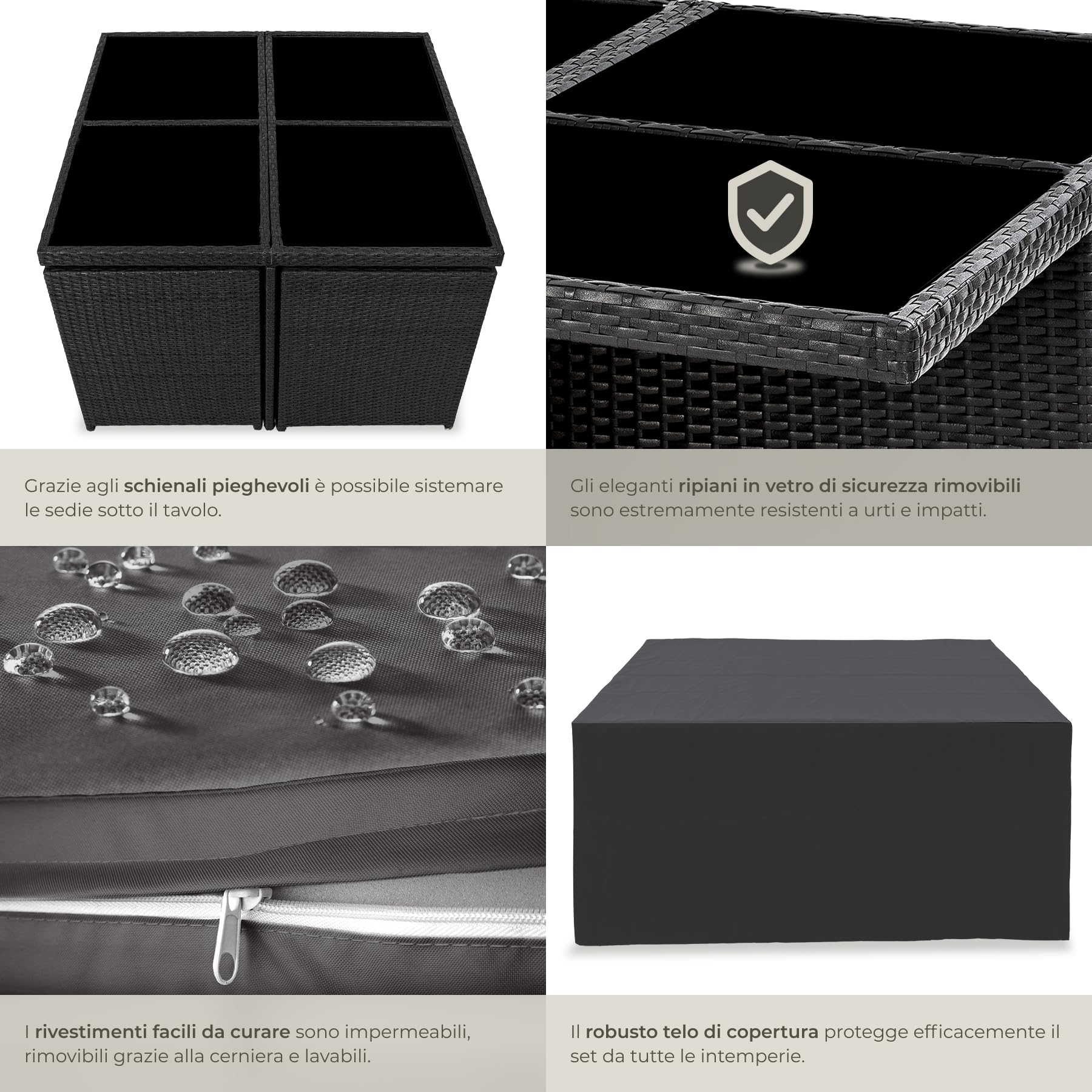 Tectake Set Mobili da Giardino Rattan Sintetico Alluminio 4 Sedie Tavolo 4 Sgabelli Involucro Protettivo Nero