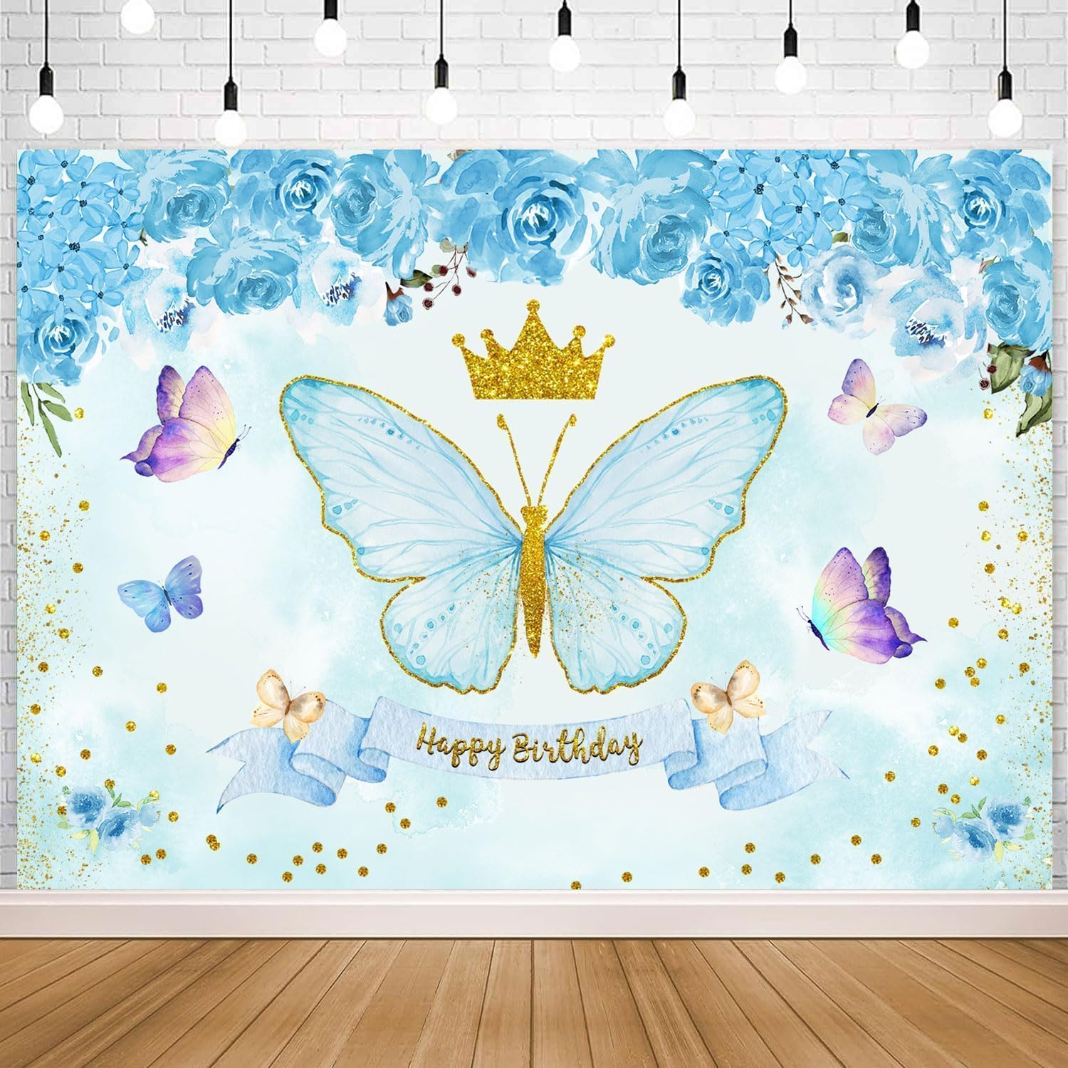 Withu Sky Blue Butterfly Birthday Backdrop Kids Girls Watercolor Pastel Floral Flowers Gold Crown Butterflies Theme Party Decorations Banner Photography Background 6x4ft - Image 5