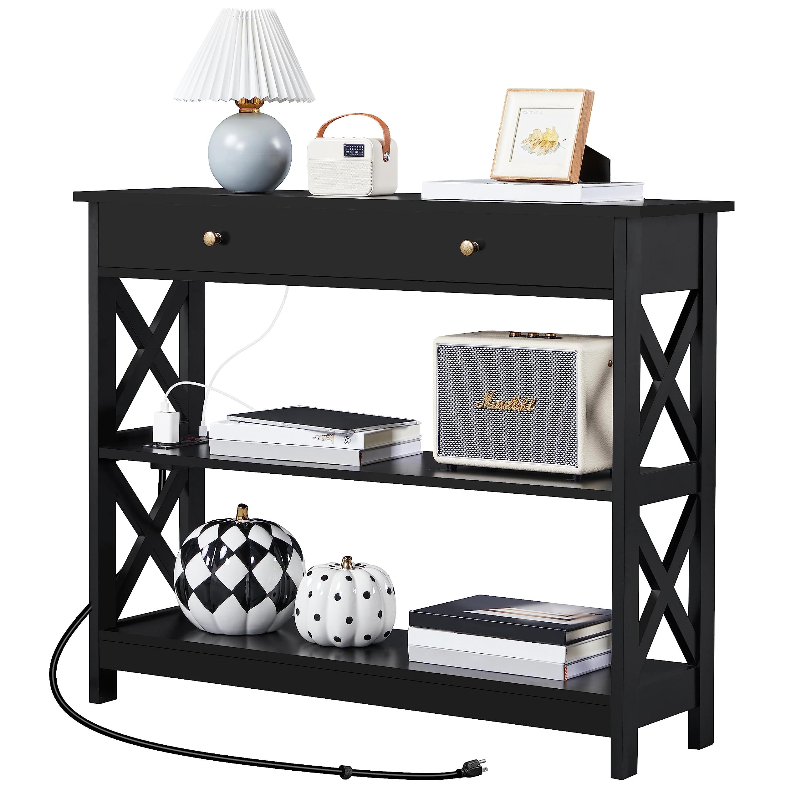Yaheetech Entryway Table with Drawer, Wood Console Table with Outlets and USB Ports, Sofa Table Narrow Long with Storage Shelves for Living Room, Hallway, Foyer, Black