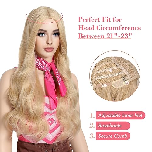 Miniatura 4 de REECHO Pelucas rubias para cosplay, disfraz de mujer, peluca rubia ondulada de 26 pulgadas de largo, parte media, juego de pelucas sintéticas para