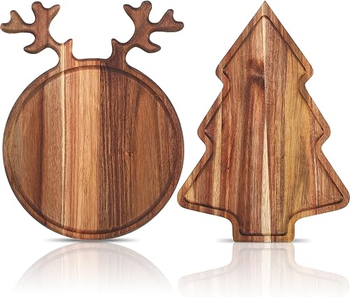 2 tablas de charcutería de Navidad para árbol de Navidad, cocina, tabla de cortar de madera con mango de madera de acacia de Papá Noel, bonita tabla