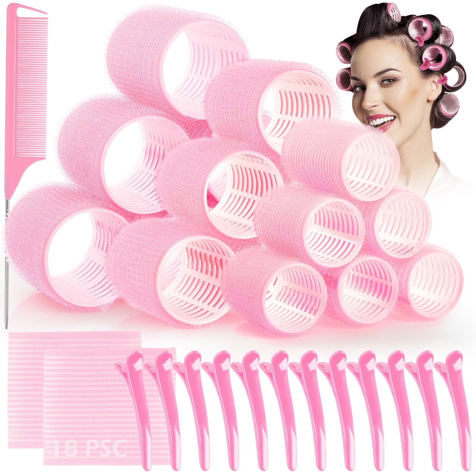 33pz Bigodini per Styling Capelli, GeeRic 18 Bigodini Autoadesivi+12 Fermagli per Capelli+2 Magic Bangs+Pettine DIY Rullo di Bigodino per Capelle Lunghi/Corti/Parrucchiere(Diametro:4.4/3.6/2.5CM)