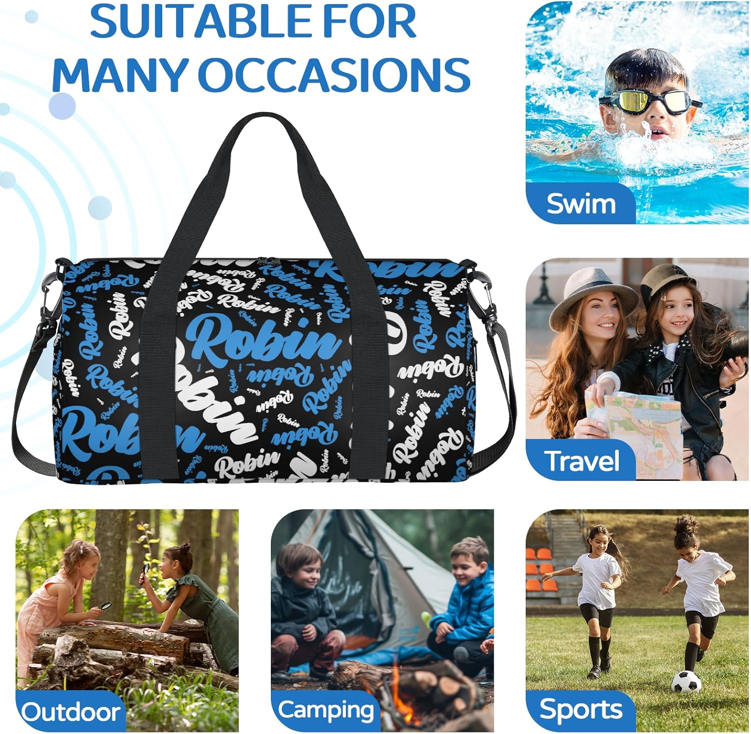 Custom-Dance-Gymnastics-Bag for Girls Personalized Kids Duffle Bag Cheerleader Team Bag for Travel Gym Sport Blue White Black - Image 9