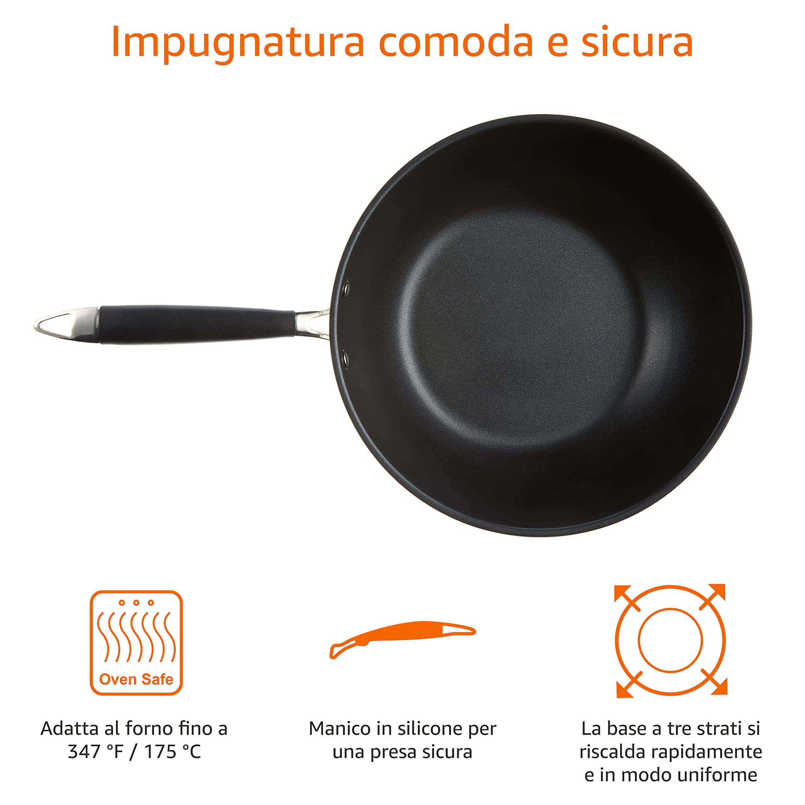 Amazon Basics Padella da wok in acciaio INOX, 28 cm, Nero