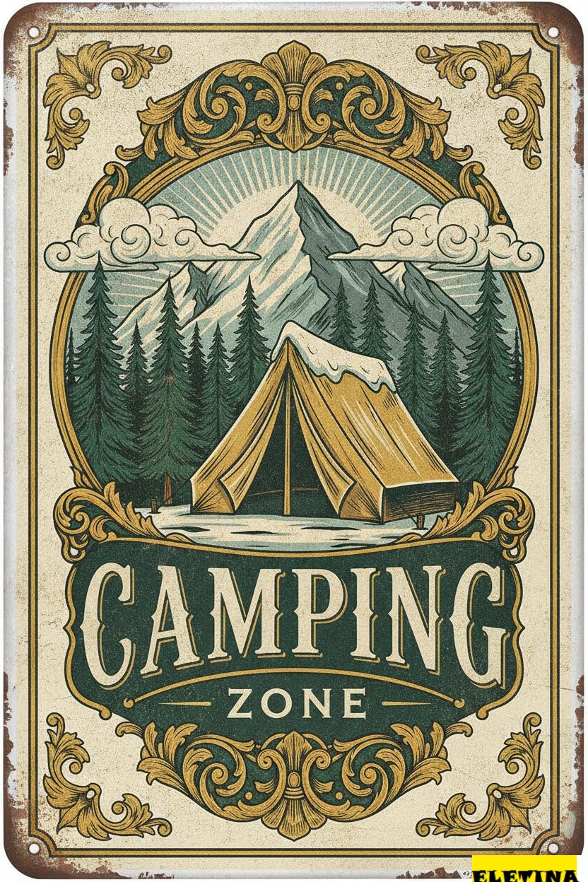 Camping Zone Vintage Tin Sign, 8x12 Inch Business Art