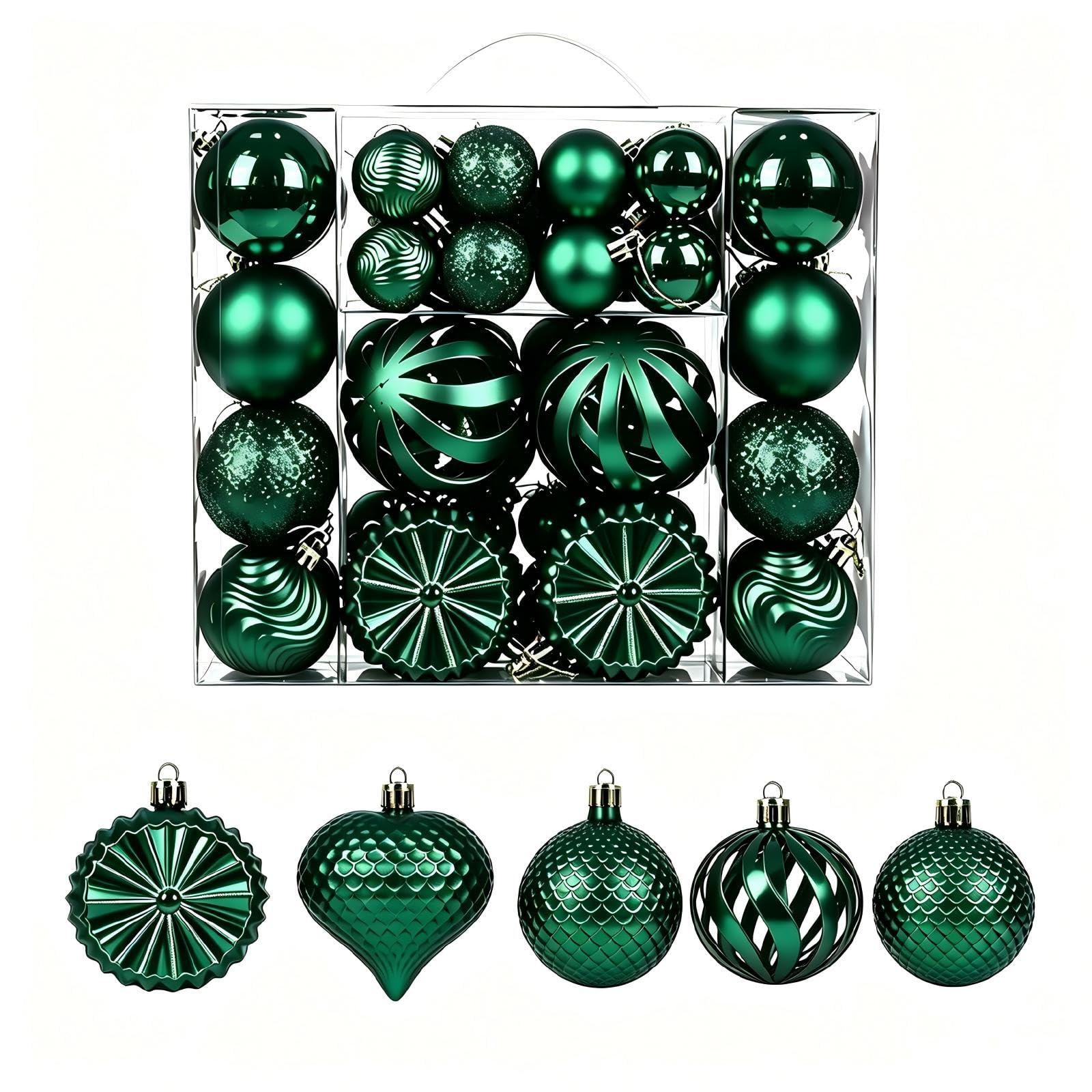 48 Pcs Christmas Balls Decoration, Green 4-6-8cm Multiple Styles Shatterproof Christmas Baubles Elegant Colours Christmas Ornaments with Hanging Loop for Xmas Tree Home Decorations