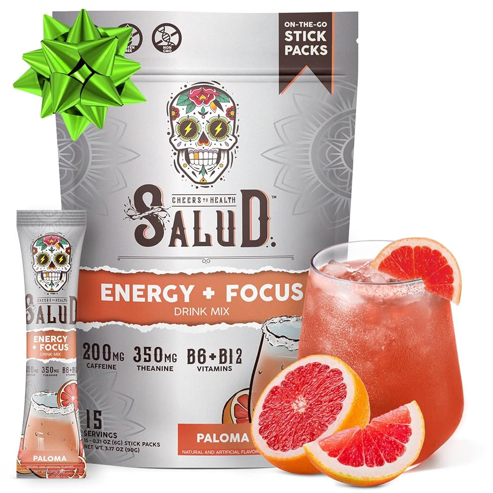 Salud 2-in-1 Energy Drink Powder + Focus, Paloma, Organic Caffeine, B6 + B12, Theanine, Clean Energy Drink Packets, Agua Fresca Mix, Non-GMO, Gluten Free, Vegan, 1g of Sugar, (15 Servings)
