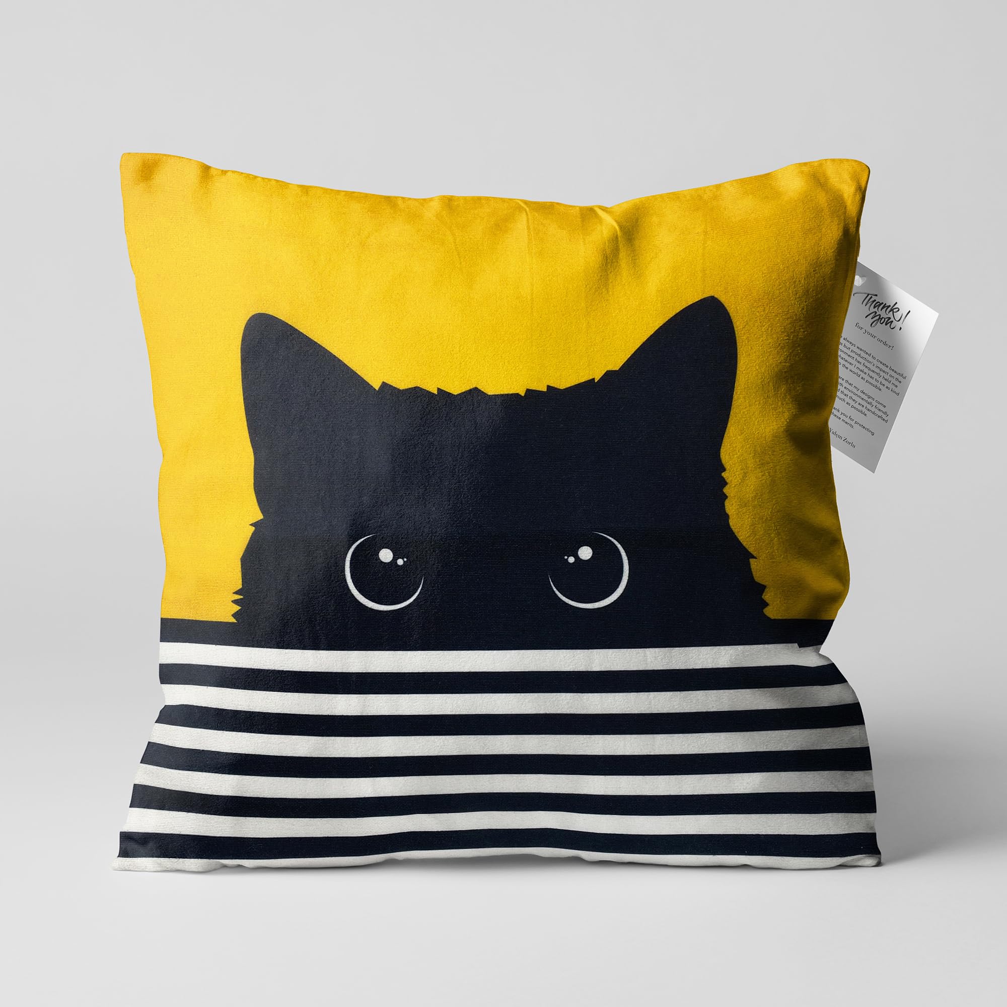OyzShop Cushion Cover with Hidden Black Cat on the Yellow Background | Double Sided Printing Pillow Cover on the Soft Chenille Fabric with Multi-Sizes 35x35cm (14x14 Inches)