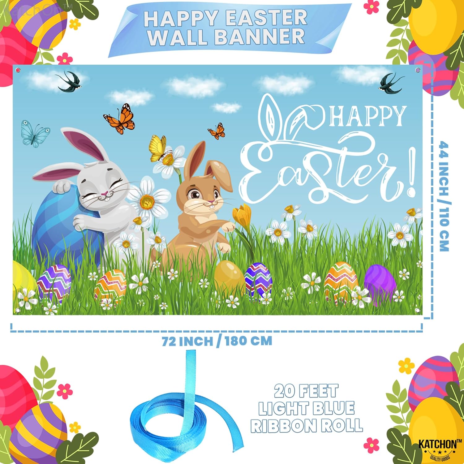 KatchOn, Happy Easter Banner - XtraLarge 72x44 Inch | Easter Backdrop for Photography | Easter Wall Banners for Easter Decorations | Easter Bunny Backdrop for Easter Bunny Decor