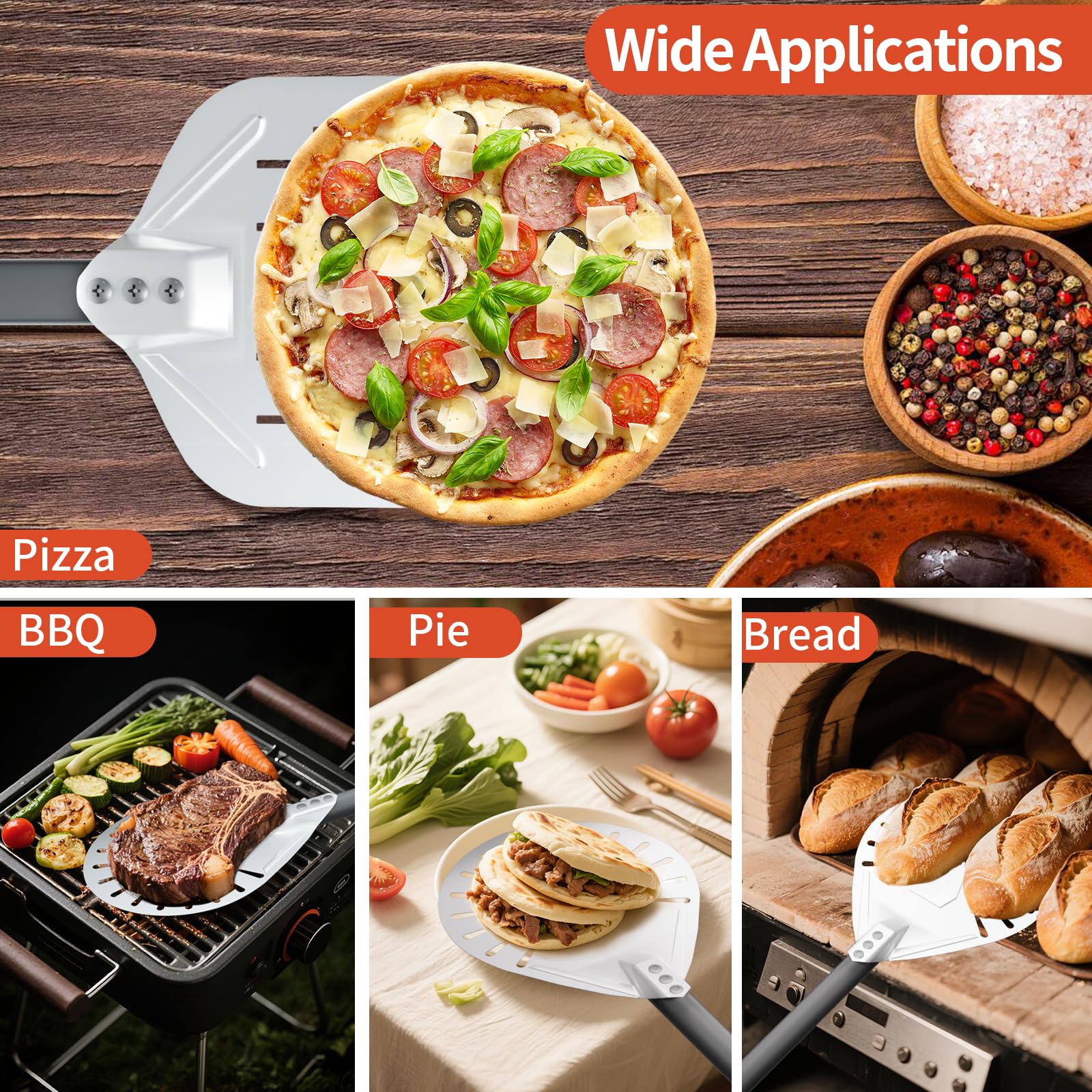 Lot de 4 accessoires de four à pizza perforés de 30,5 cm, pelle à pizza de 22,9 cm avec long manche antidérapant, pelle à pizza avec roulette à pizza et brosse de four, pour pain, tarte