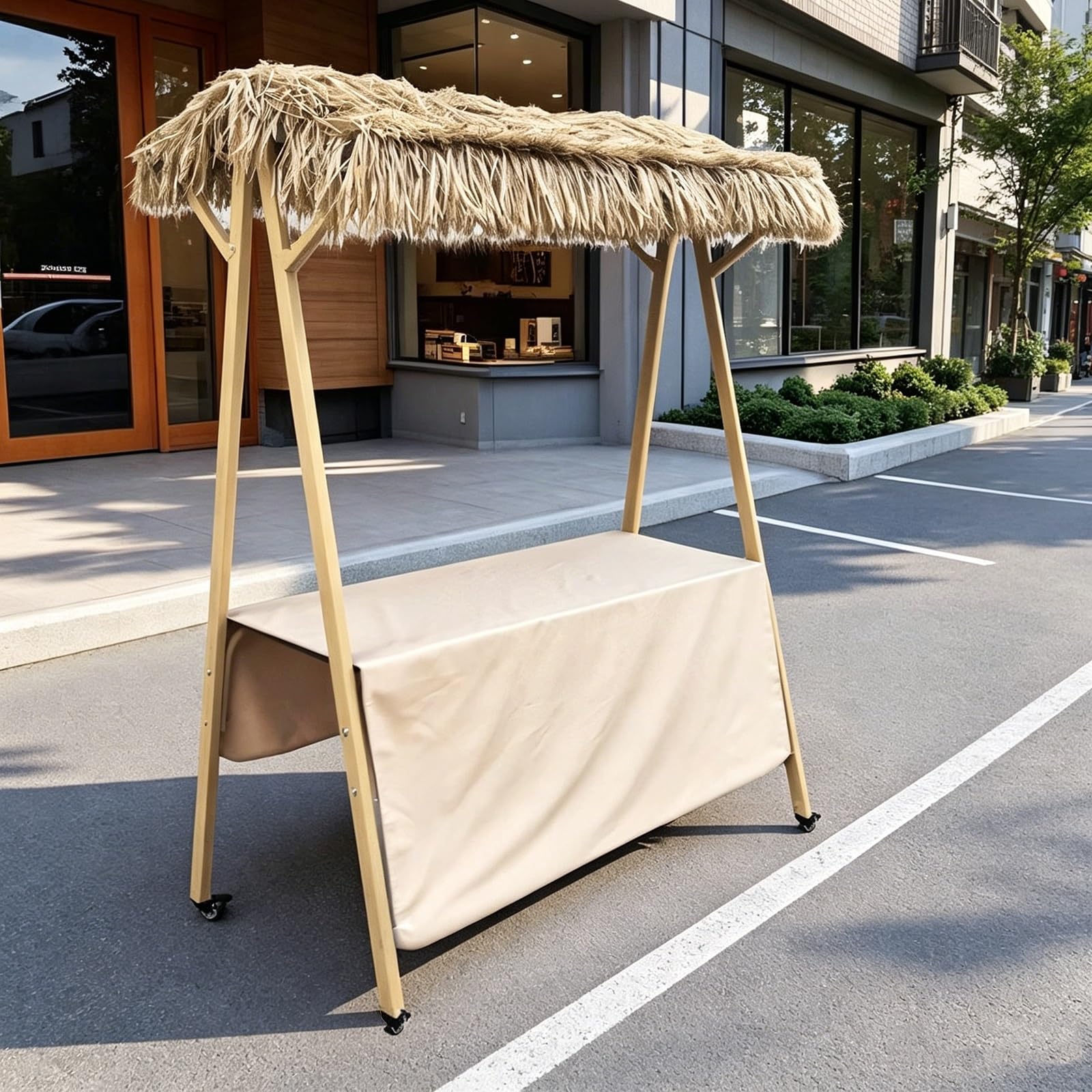 Przenośne Stoisko Handlowe z Blokowanymi Kółkami – Rustykalny Pawilon z Dachem Krytym Strzechą, Idealny na Targi Rolnicze, Festiwale, Przyjęcia i Wydarzenia Typu Pop-up(100cm)