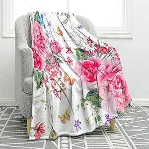 Jekeno Pink Flowers Floral Blanket Birthday Christmas for Women Kids Girls Mom Wife Daughter Sisters Home Bedroom Spring Butterfly Decor Mother's Day Plush Throw Blankets 50"x60"