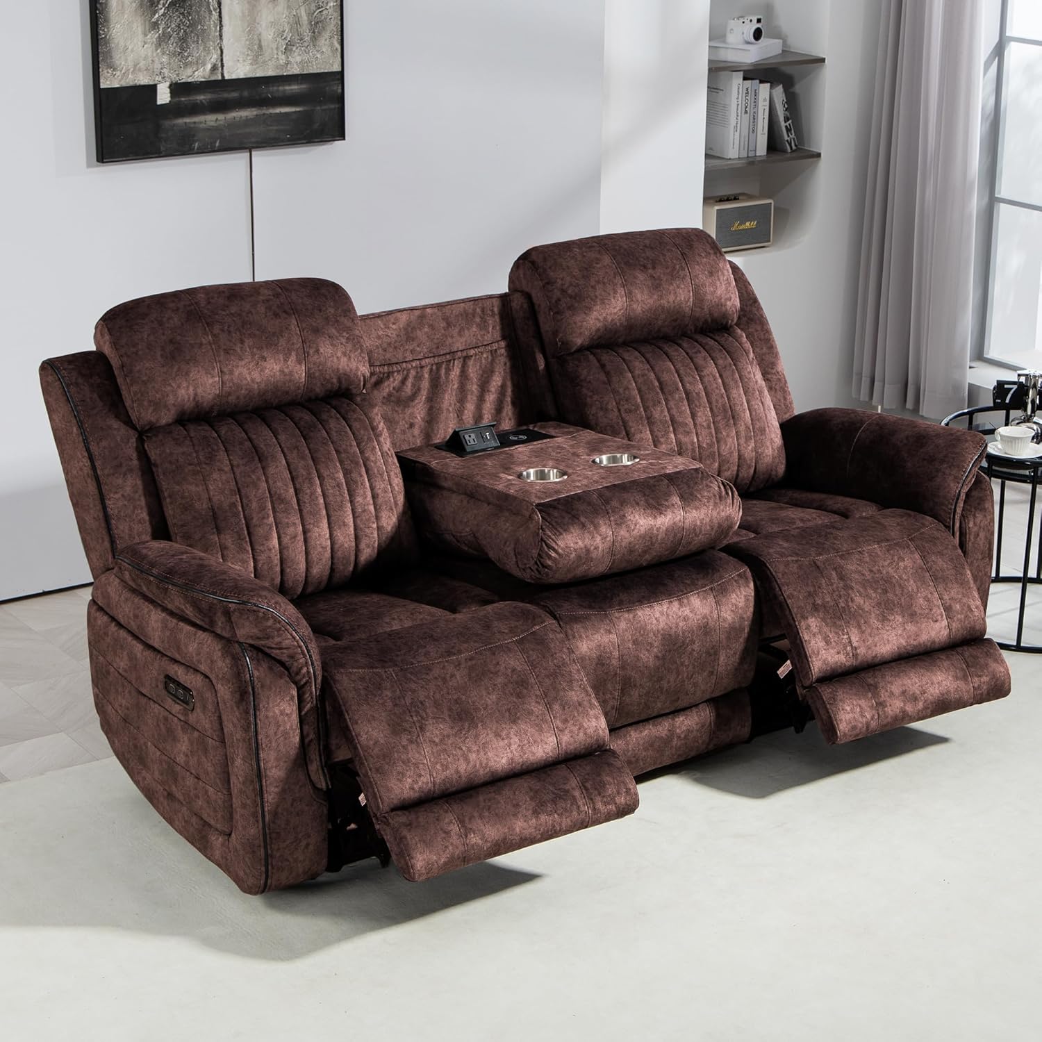 Zero Gravity Power Reclining Sofa with Adjustable Headrest, Electric Reclining Couch with Wireless Charge, USB Ports, Power 3-Seater Recliner Sofa with Drop Down Table, Outlet (Brown)