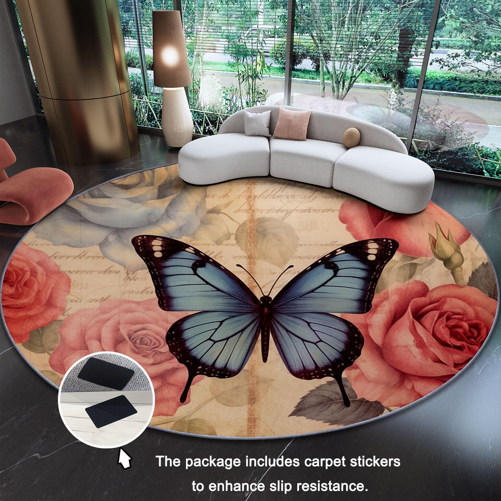 Flauschiger Runder Teppiche Runder 140 cm, Weicher Plüsch Teppich für Schlafzimmer Wohnzimmer - Art Déco Vintage Blumenmuster Schmetterling Bedruckter Kinderteppich Kuscheliger Teppich Beige