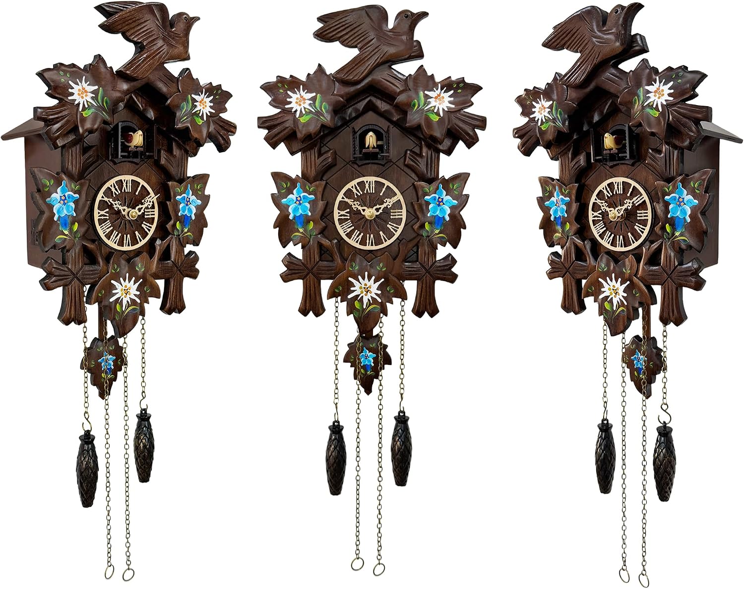 Cuckoo Clock Vintage Wooden Wall Clock, Artistic Floral Print, Hand-Carved Black Forest Style, 12 Melodies & Night Mode, Quartz Pendulum, Battery Operated, Home Decor
