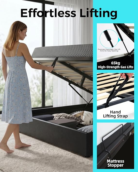 Bed Frame with Storage 4FT6 Double Ottoman Gas Lift Storage Bed Frame,Black | Faux Leather Bed, LED Double Bed for Bedroom Home