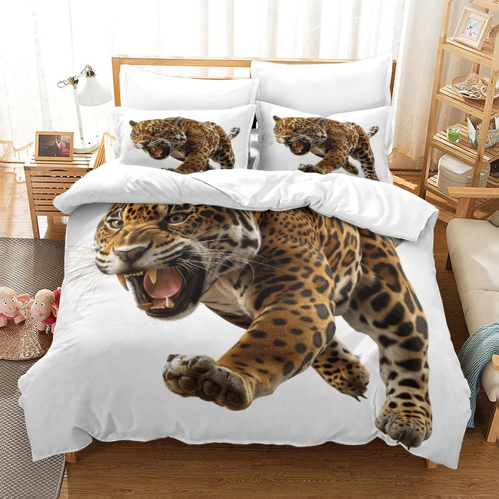 P1S9U7W5Y Dynamic Wild 3D Printed Leopard Duvet Cover Set 3pcs Microfiber Leopard Bedding Set Double（200x200cm）